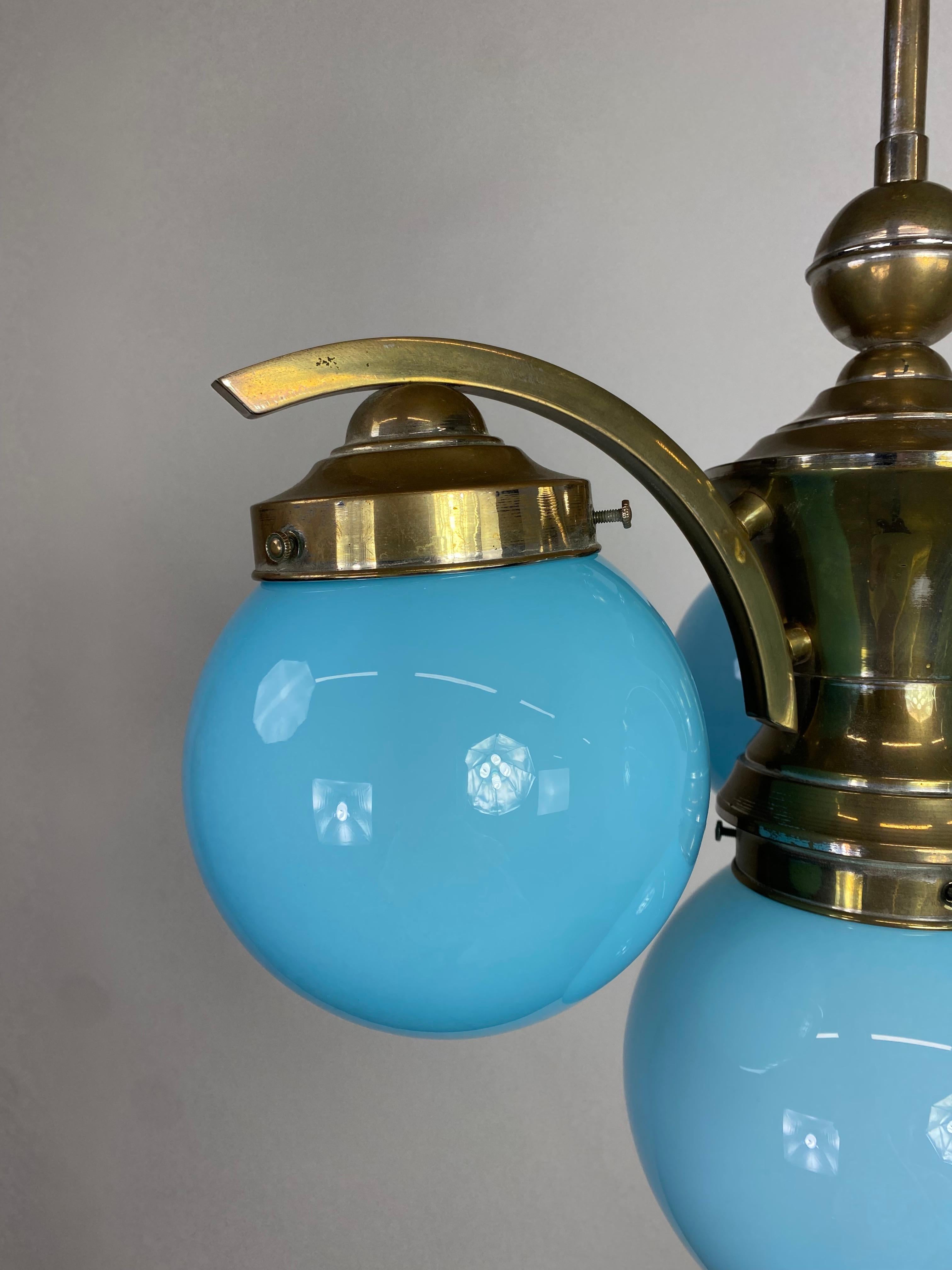 Mid-20th Century Art deco chandelier with blue lampshades For Sale