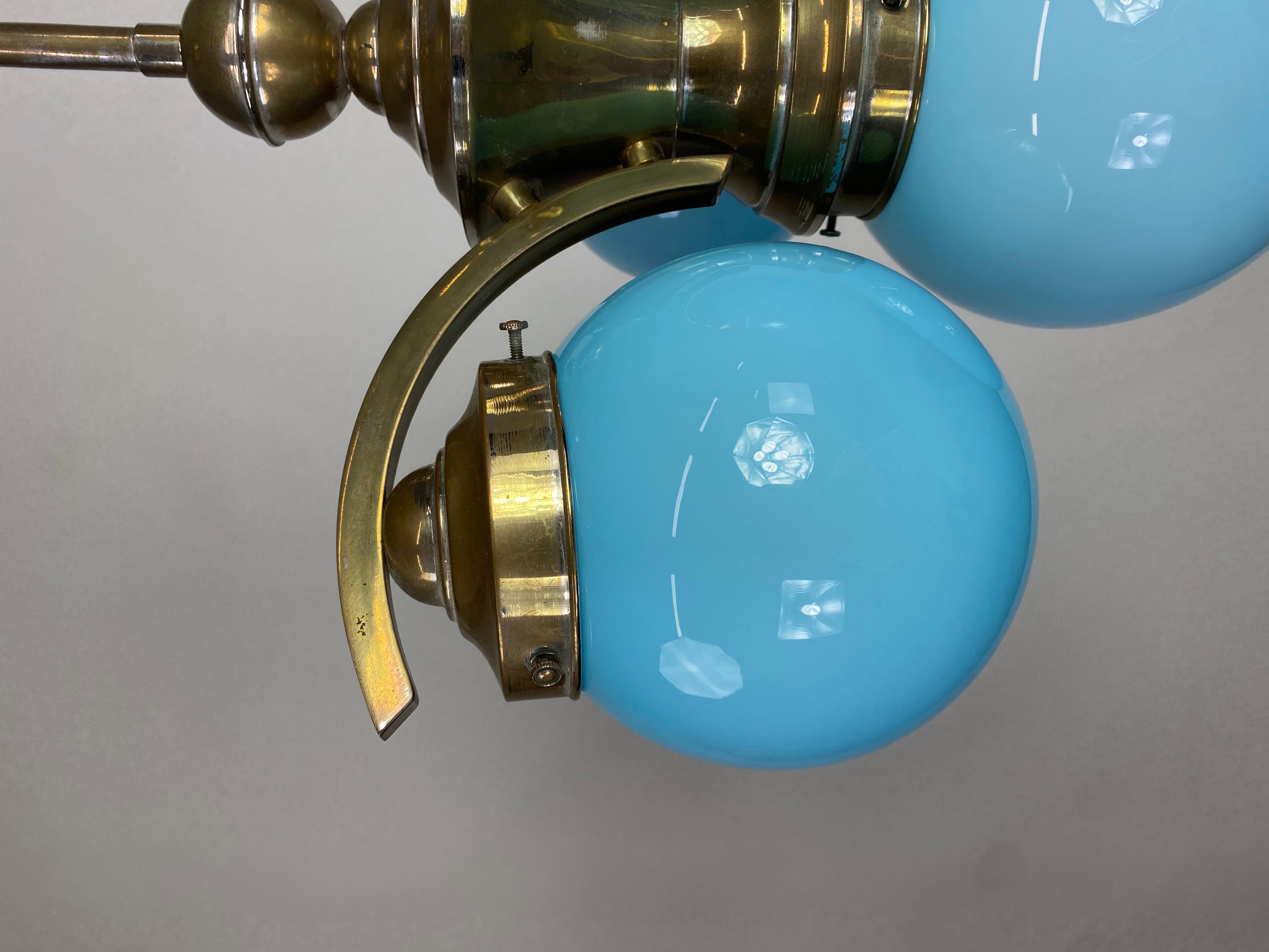 Mid-20th Century Art deco chandelier with blue lampshades For Sale