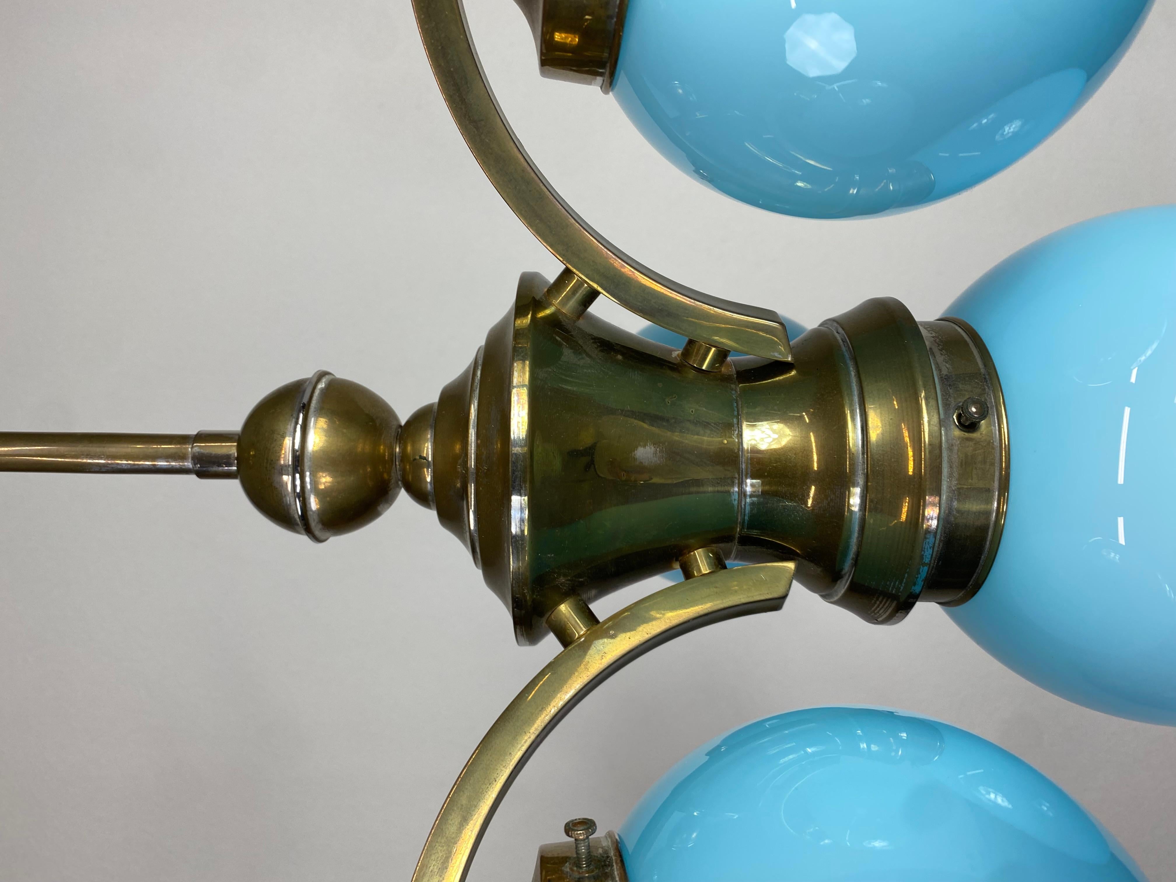 Brass Art deco chandelier with blue lampshades For Sale