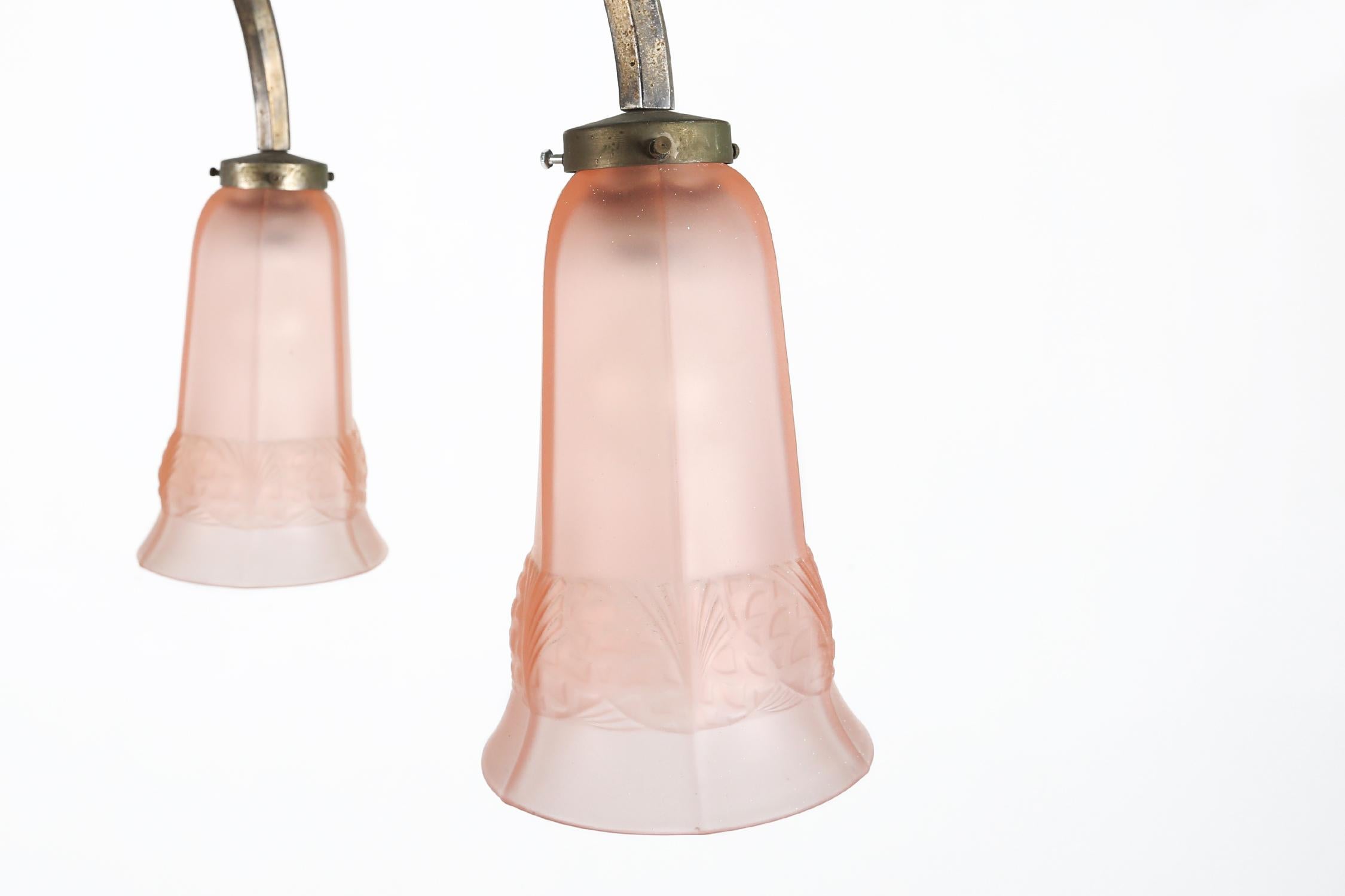 Copper Art Deco chandelier with etched pink glass shades, Belgium 1930s For Sale
