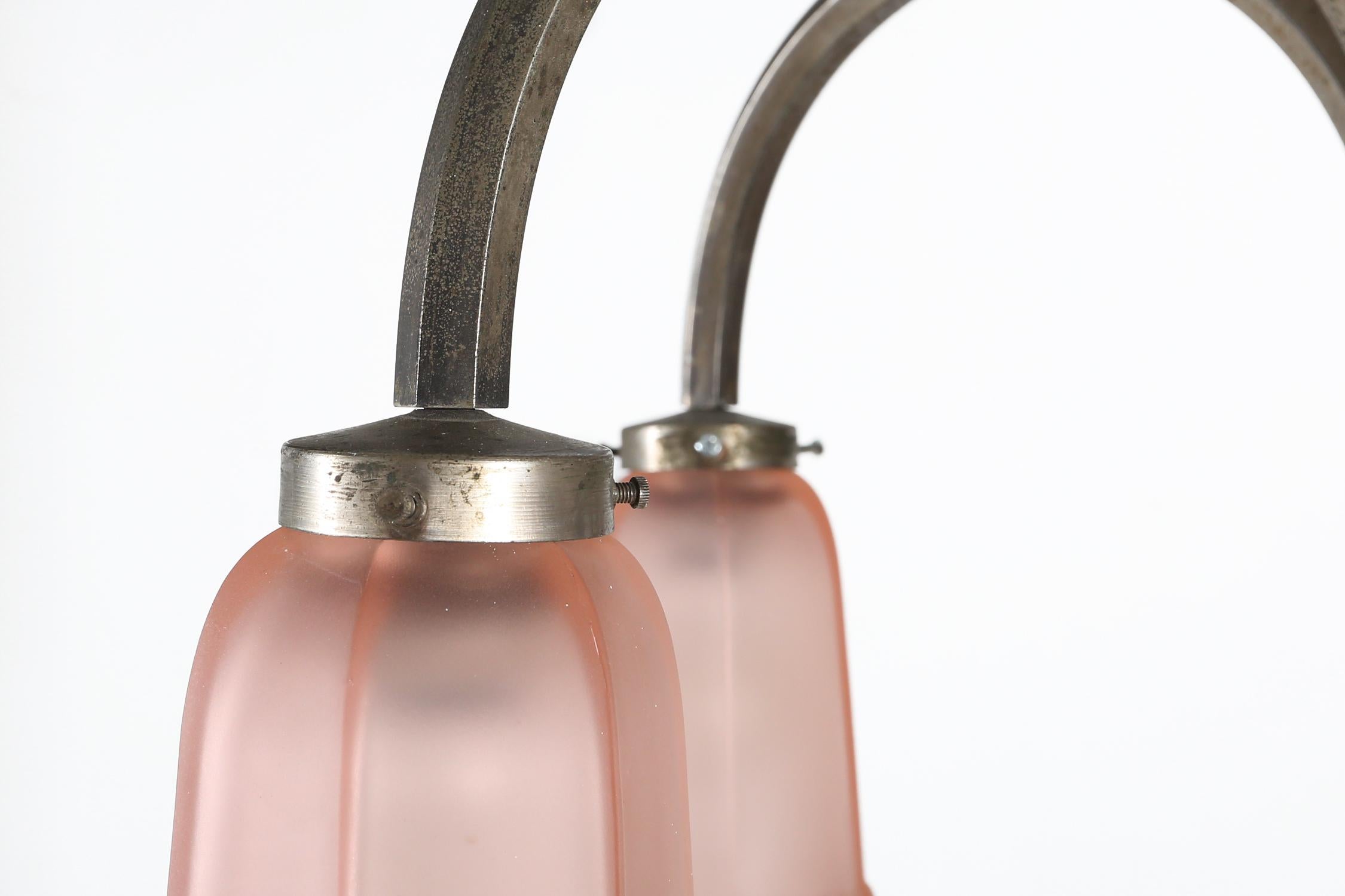 Art Deco chandelier with etched pink glass shades, Belgium 1930s For Sale 1