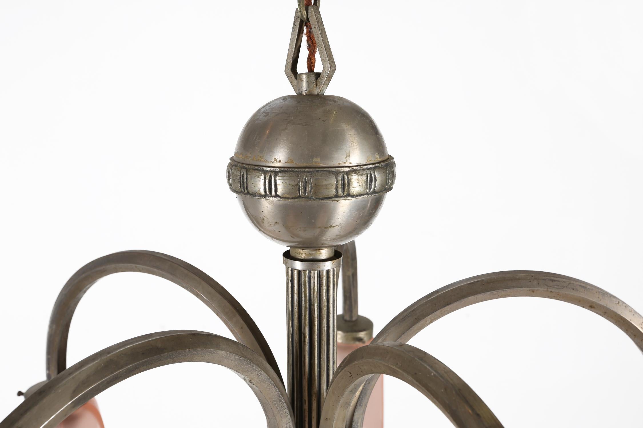 Art Deco chandelier with etched pink glass shades, Belgium 1930s For Sale 2
