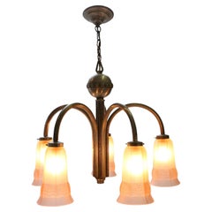 Art Deco chandelier with etched pink glass shades, Belgium 1930s