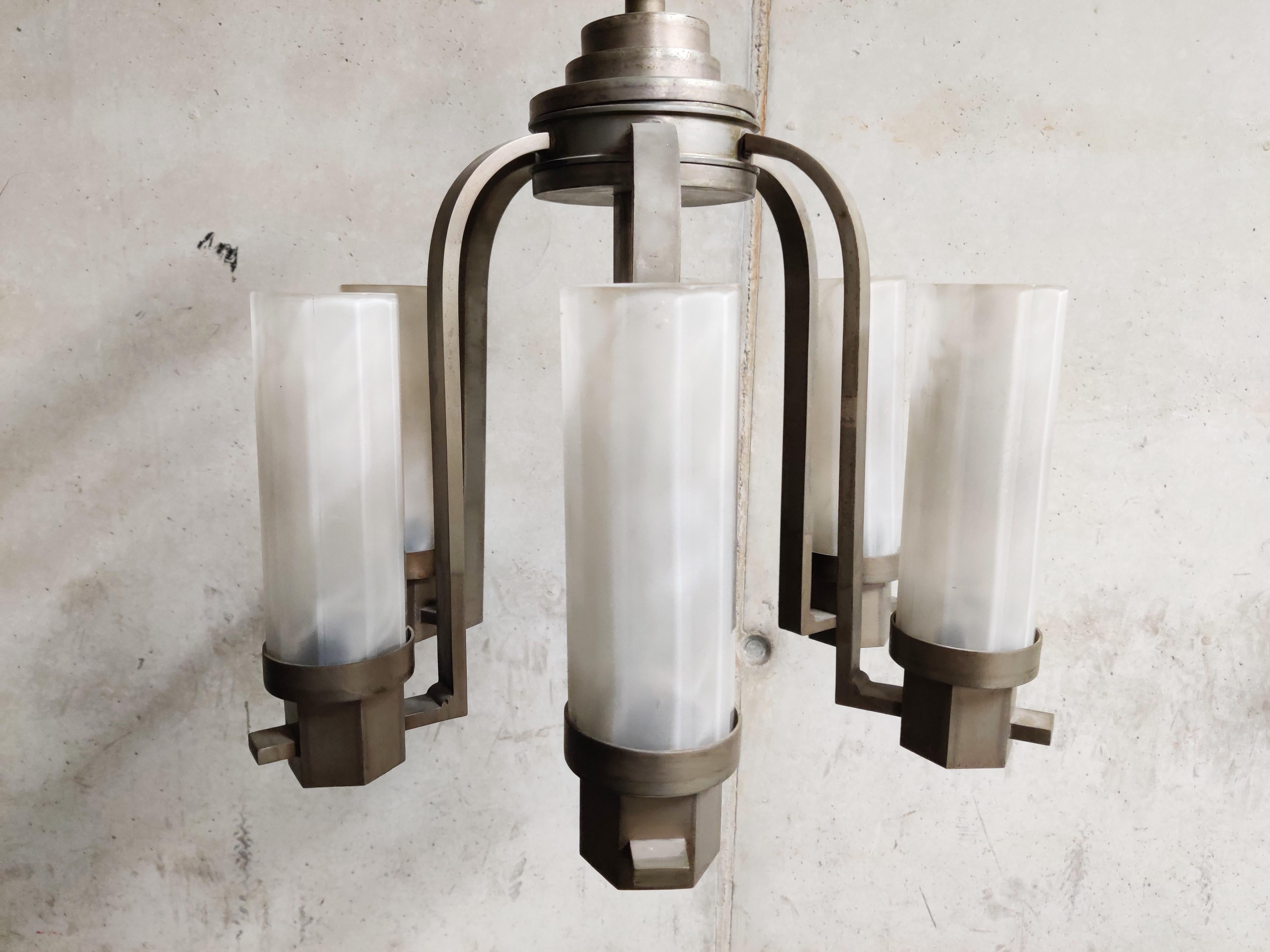 French Art Deco Chandelier with Frosted Glass Lamp Shades, 1930s