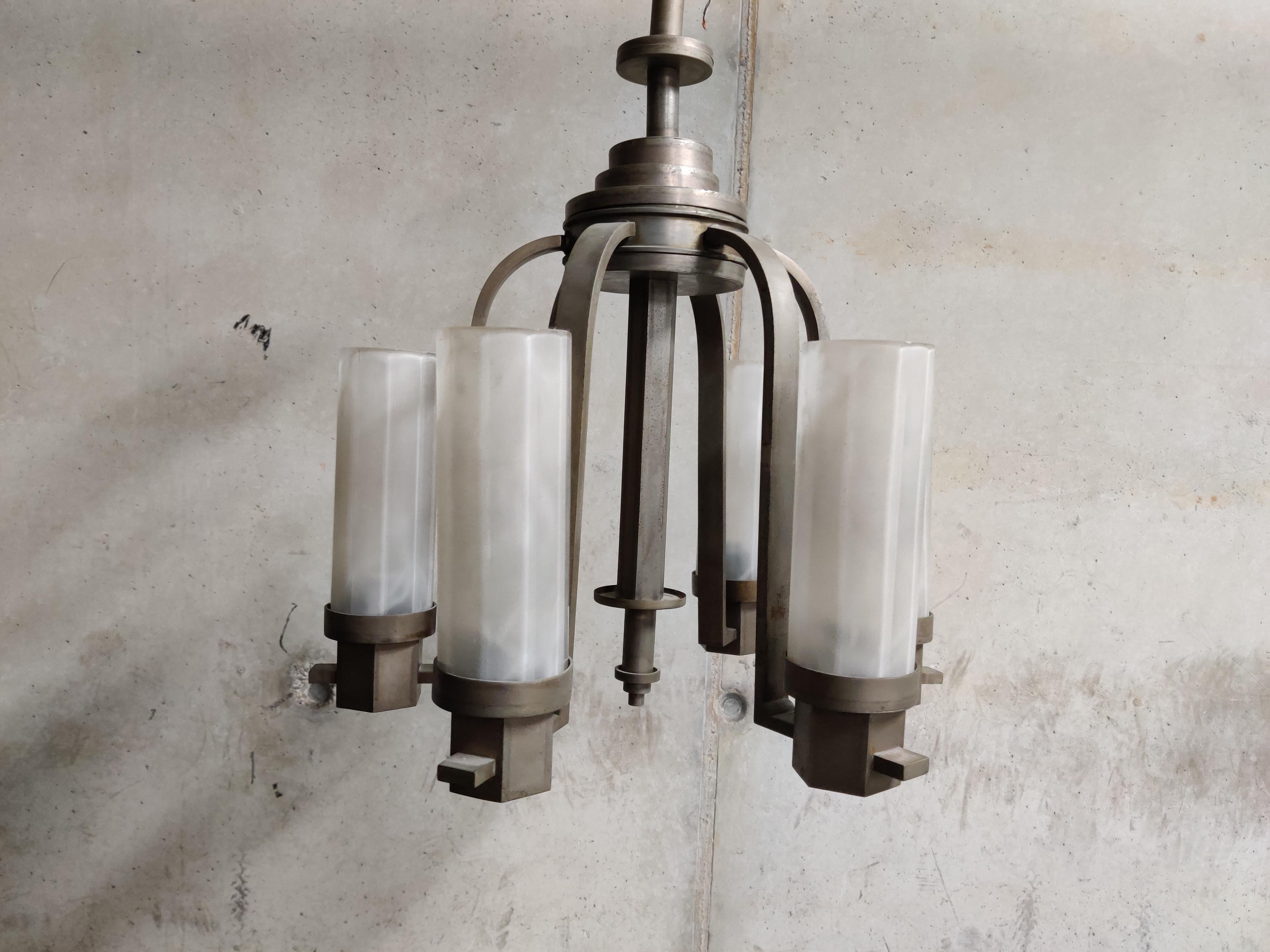 Mid-20th Century Art Deco Chandelier with Frosted Glass Lamp Shades, 1930s