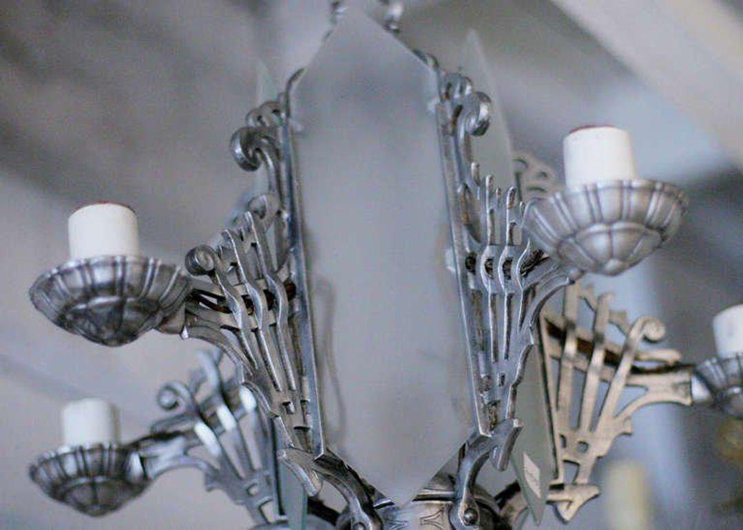 American Art Deco Chandelier With Geometric Details and Frosted Glass For Sale
