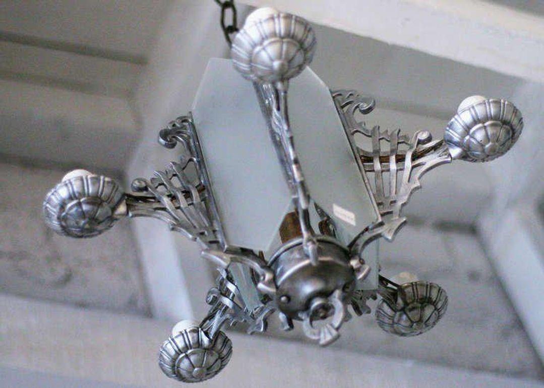 Art Deco Chandelier With Geometric Details and Frosted Glass In Excellent Condition For Sale In Van Nuys, CA