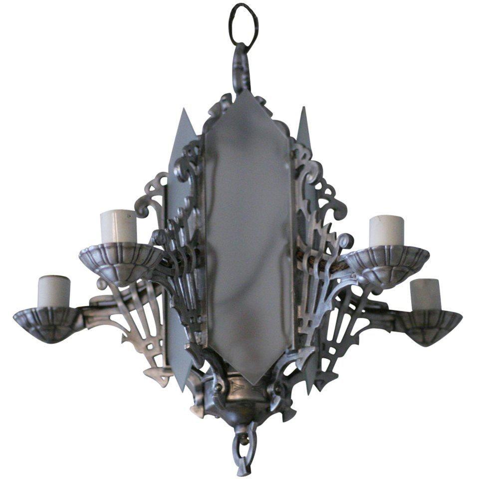 Art Deco Chandelier With Geometric Details and Frosted Glass For Sale 3