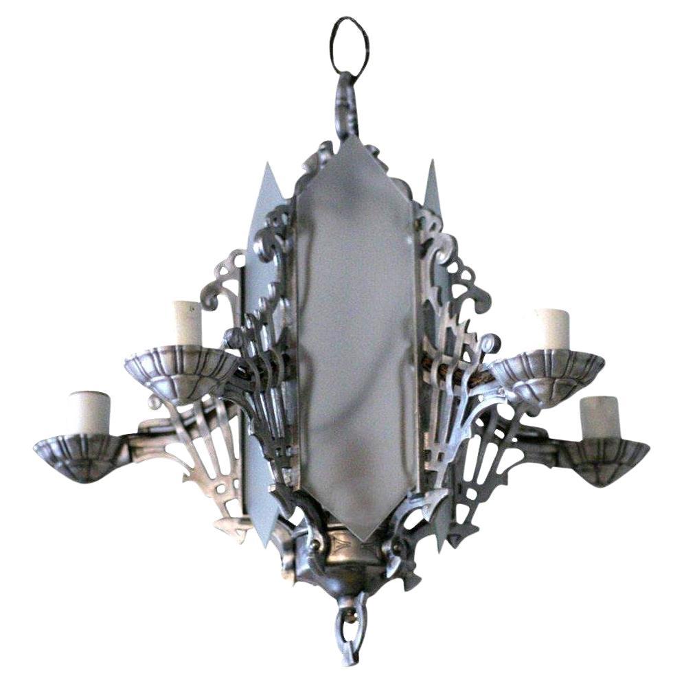 Art Deco Chandelier With Geometric Details and Frosted Glass For Sale