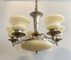 Art Deco Chandelier Custard Glass Globe 5 Arms Nickel Plated