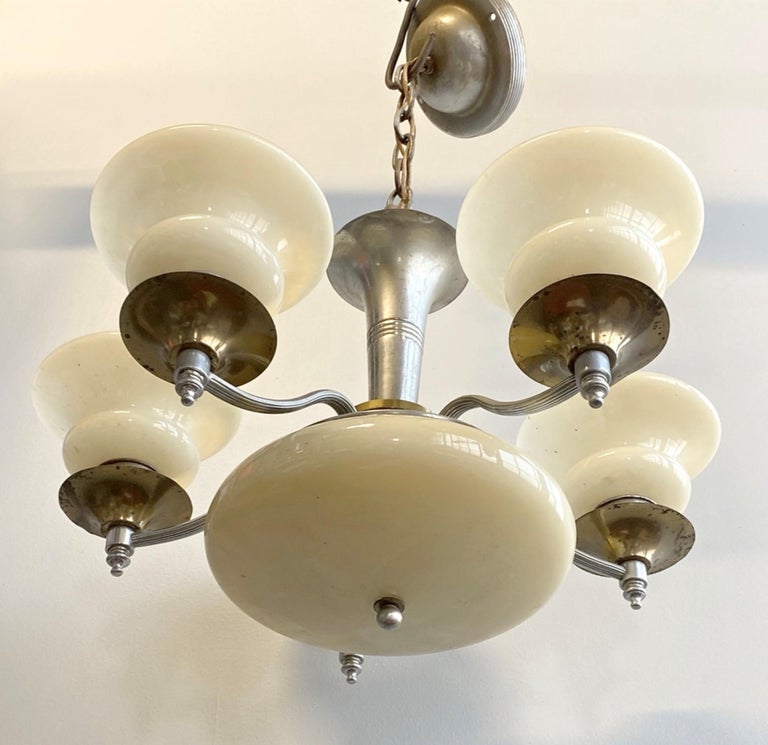 Art Deco Chandelier with Illuminated Custard Glass Globe, 5 Arms Nickel  Plated For Sale at 1stDibs
