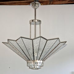 Art Deco Chandelier with Nickel Finish and Monumental Tiffany Glasses