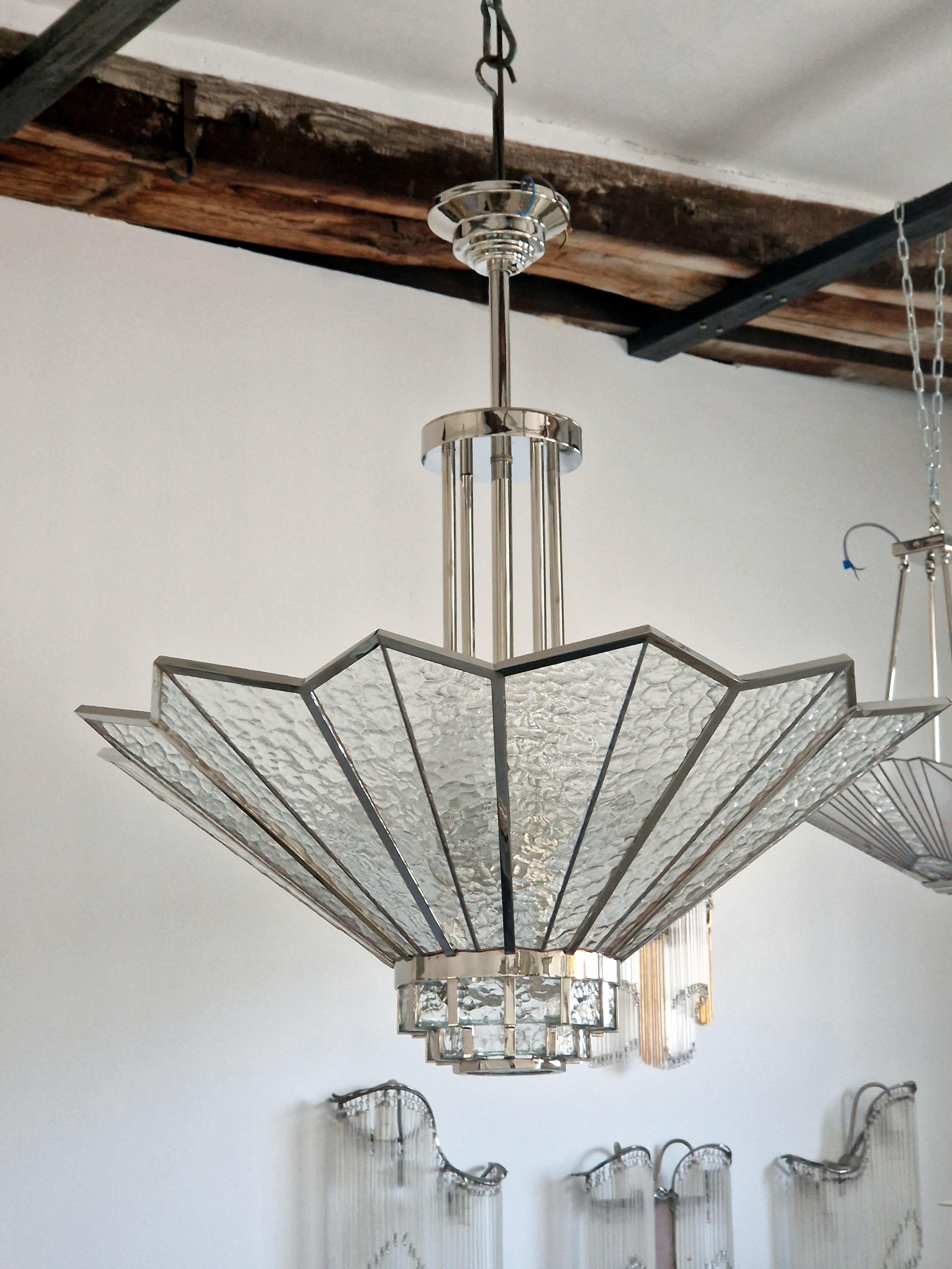 French Art Deco Chandelier with Nickel Finish and Monumental Tiffany Glasses For Sale