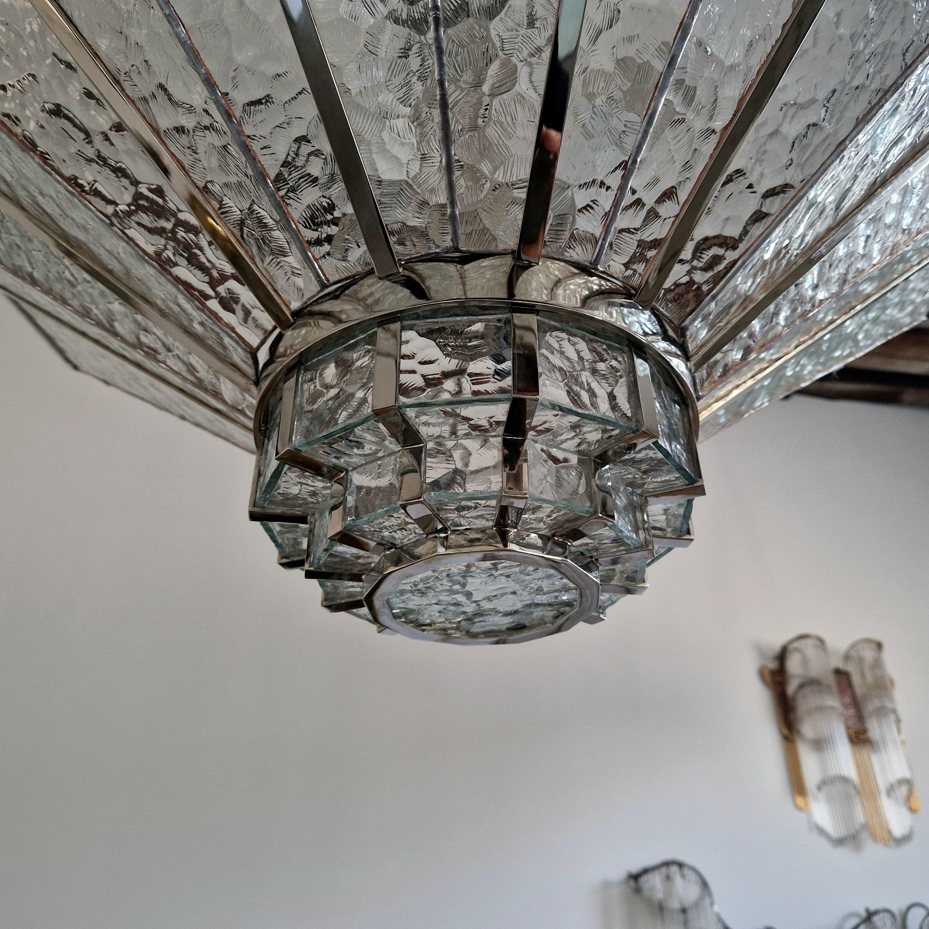 Contemporary Art Deco Chandelier with Nickel Finish and Monumental Tiffany Glasses For Sale