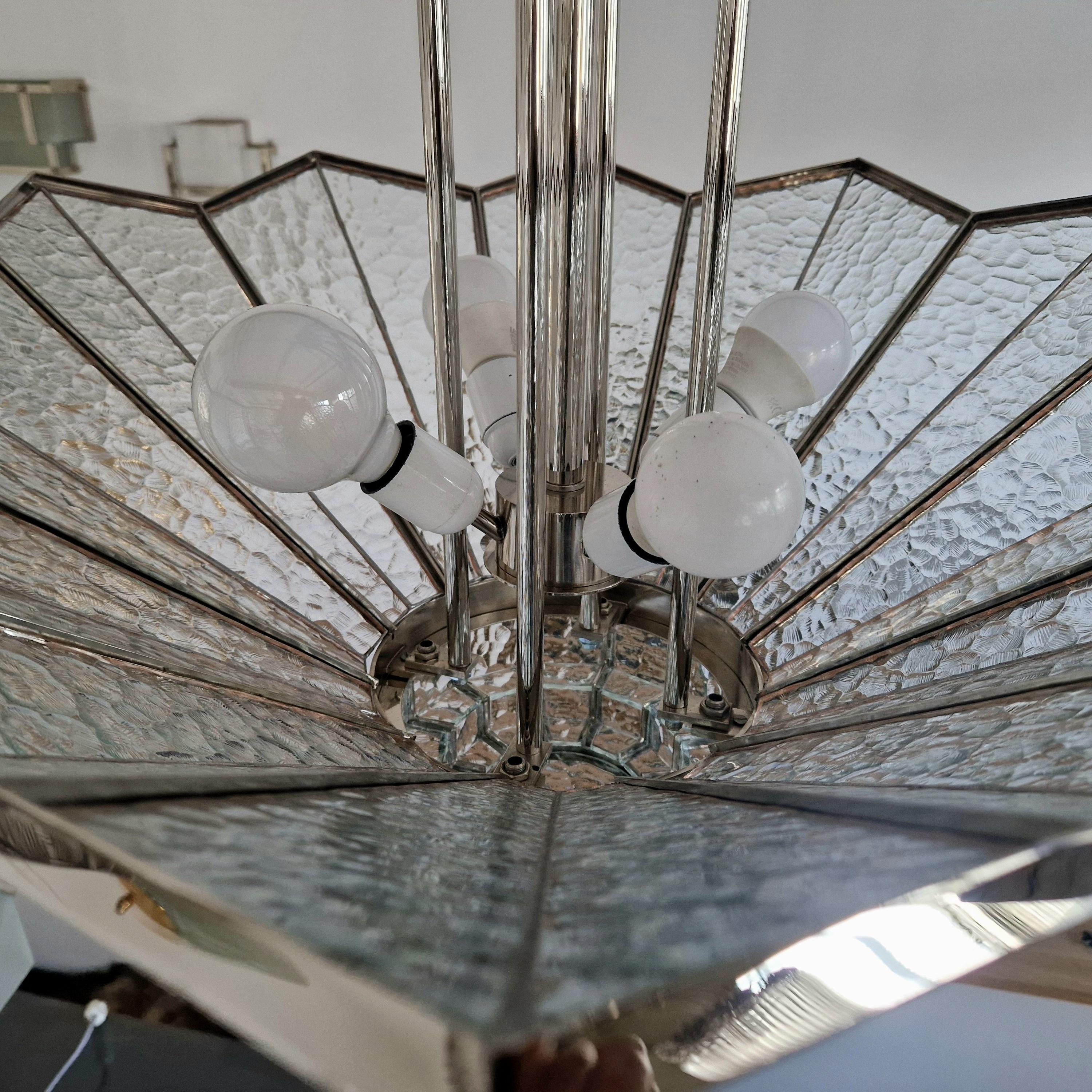 Brass Art Deco Chandelier with Nickel Finish and Monumental Tiffany Glasses For Sale
