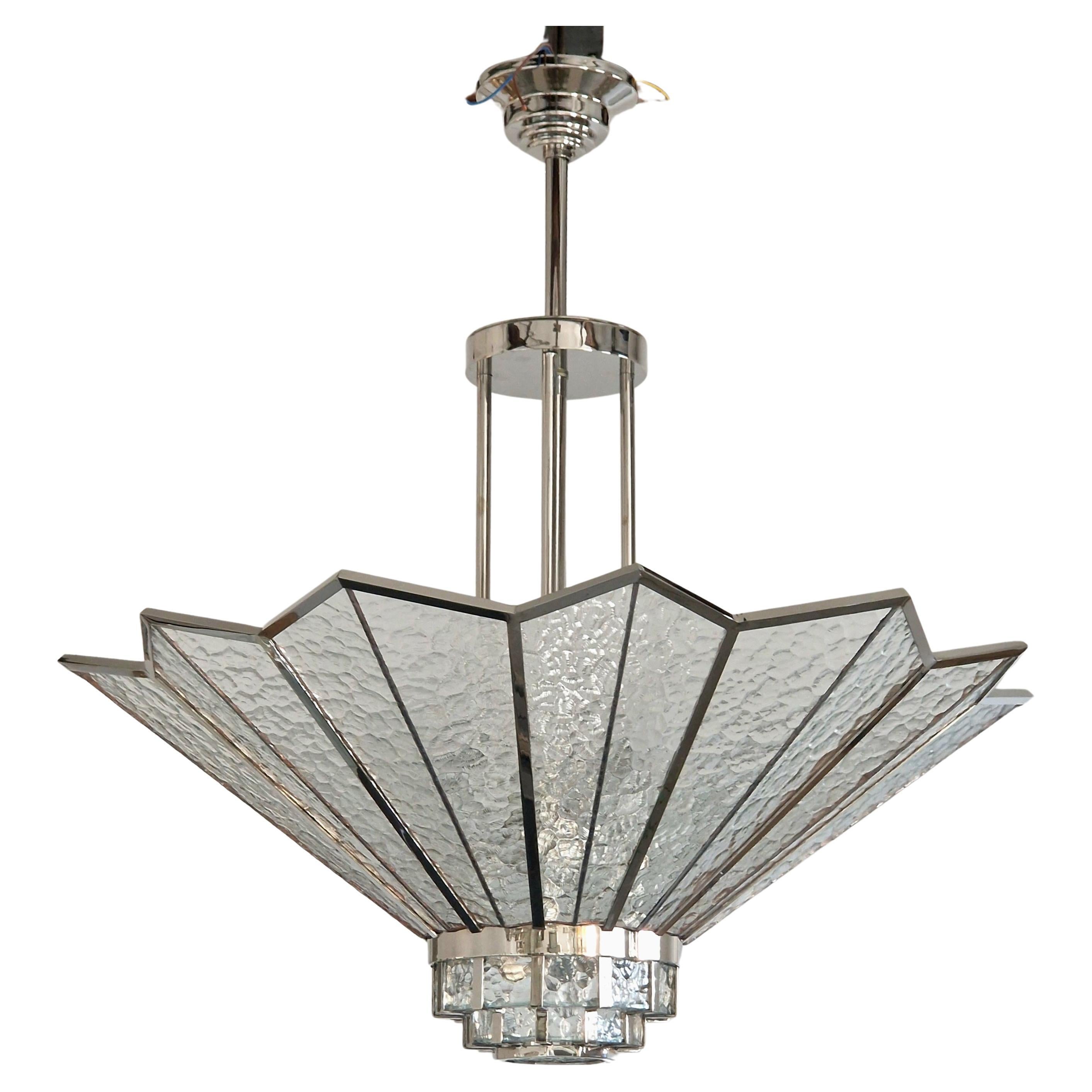 Art Deco Chandelier with Nickel Finish and Monumental Tiffany Glasses For Sale