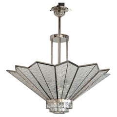 Art Deco Chandelier with Nickel Finish and Monumental Tiffany Glasses