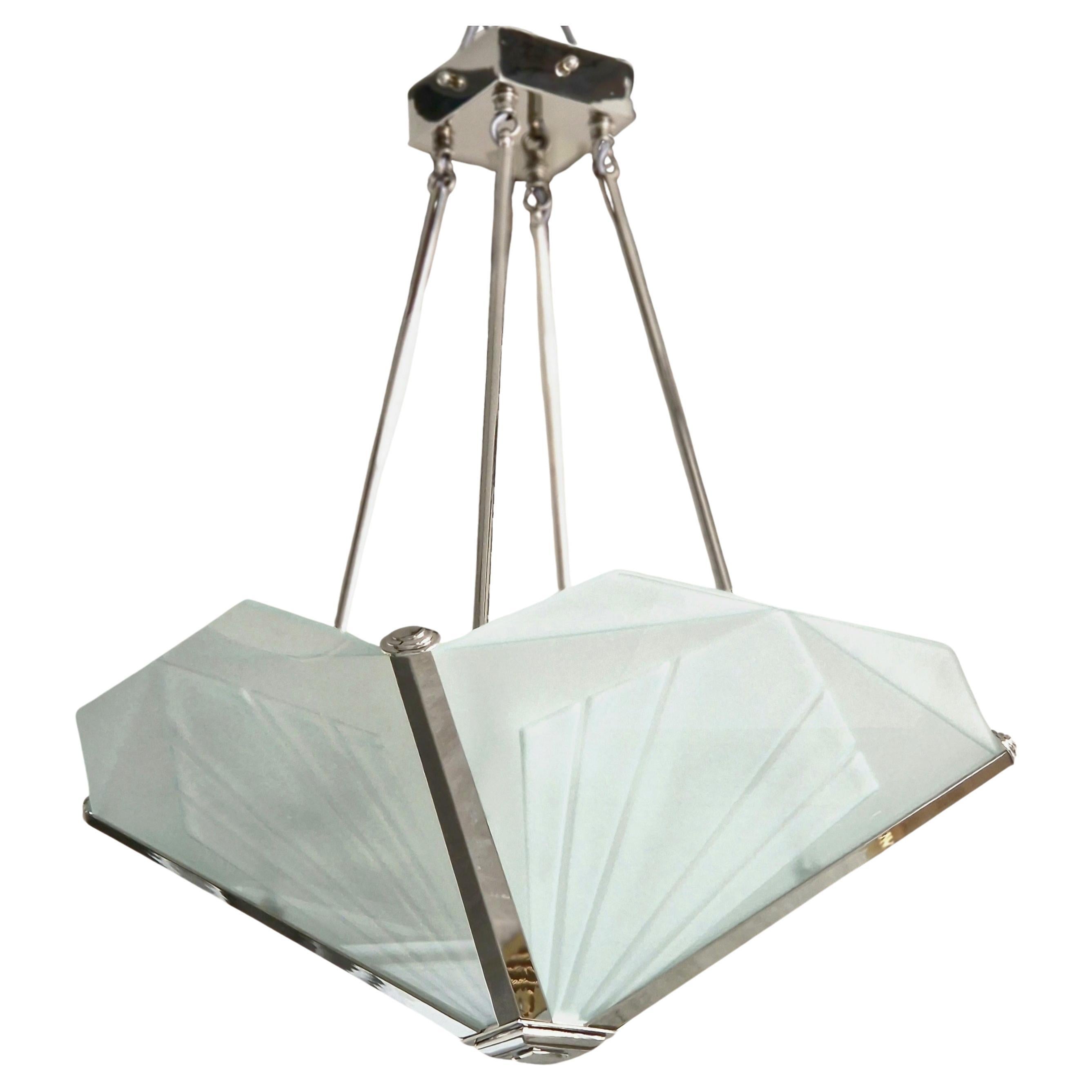Art Deco Chandelier with nickel finish and Sand Cut Glass
