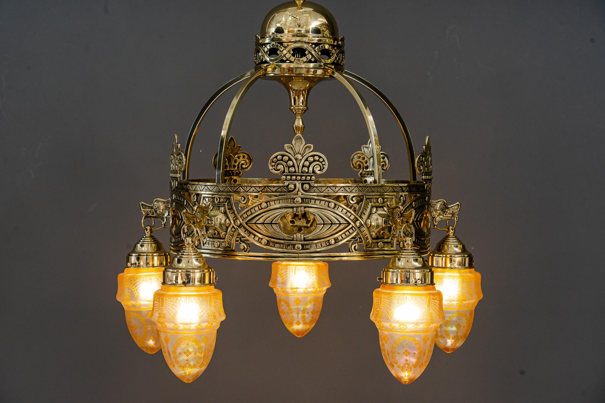 Art Deco chandelier with original glass shades Vienna 1920s
Polished and stove enamelled
Original glass shades
New wired.
 