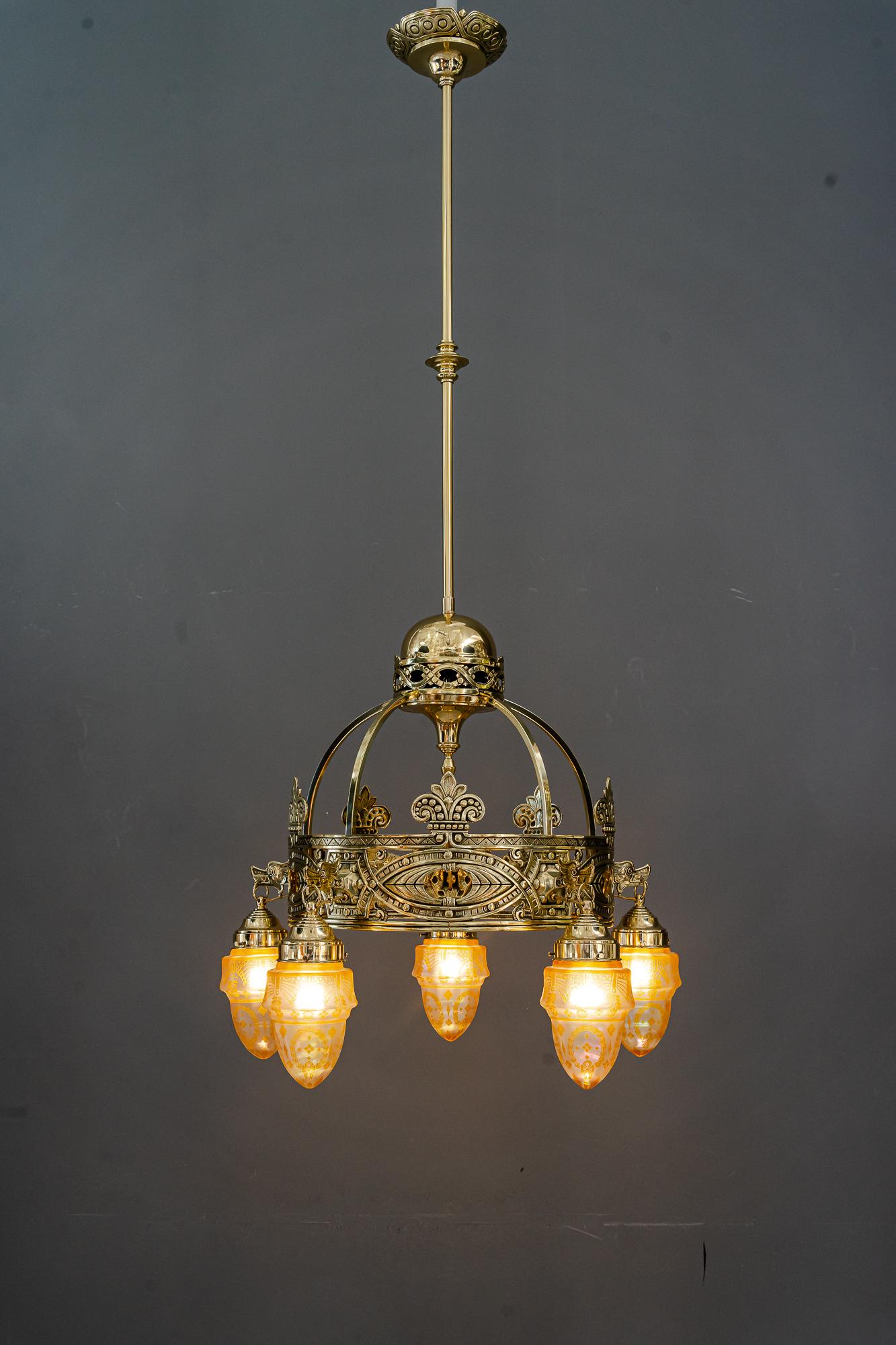 Lacquered Art Deco Chandelier with Original Glass Shades Vienna 1920s