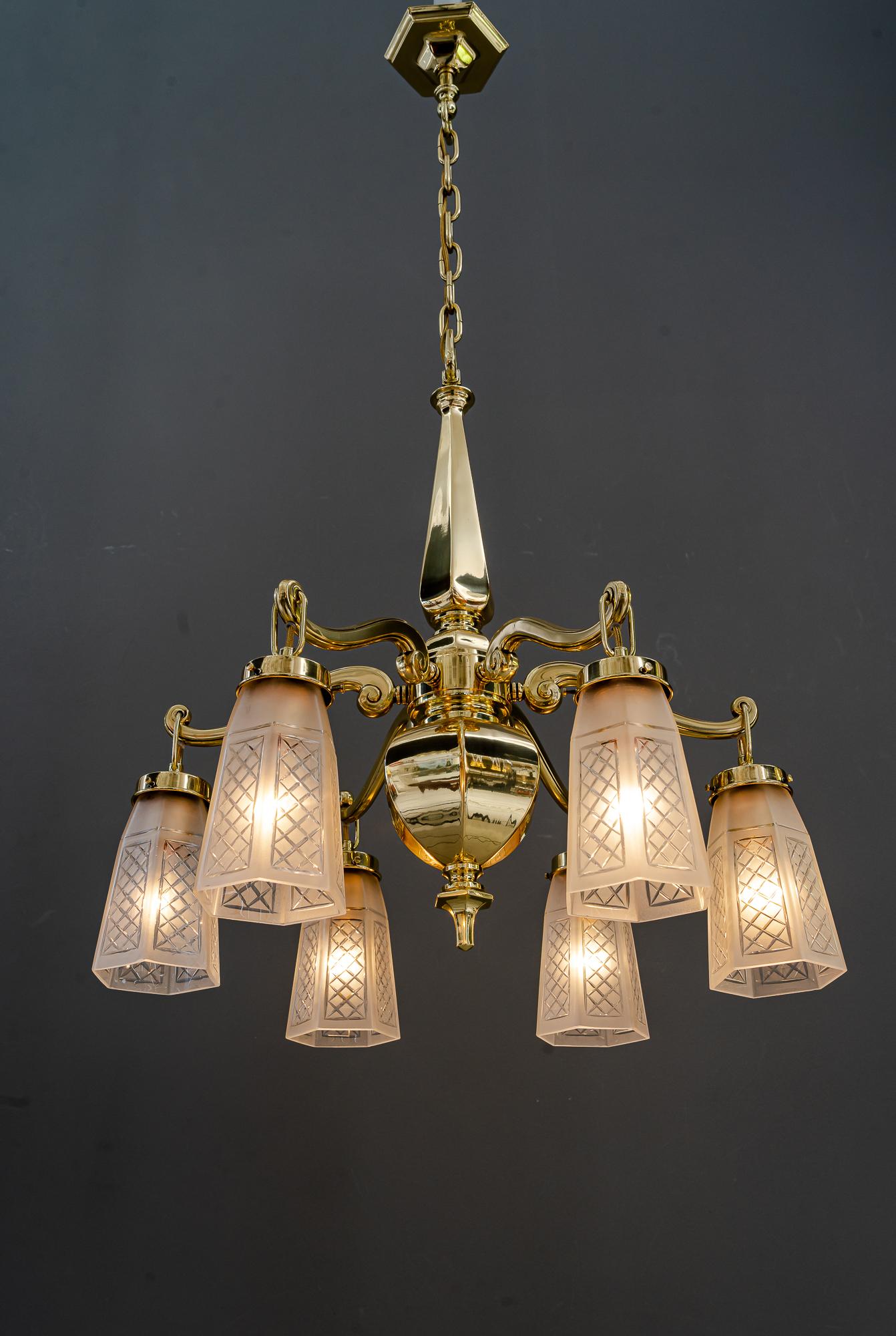 Art Deco Chandelier with Original Glass Shades Vienna around 1920s For Sale 4