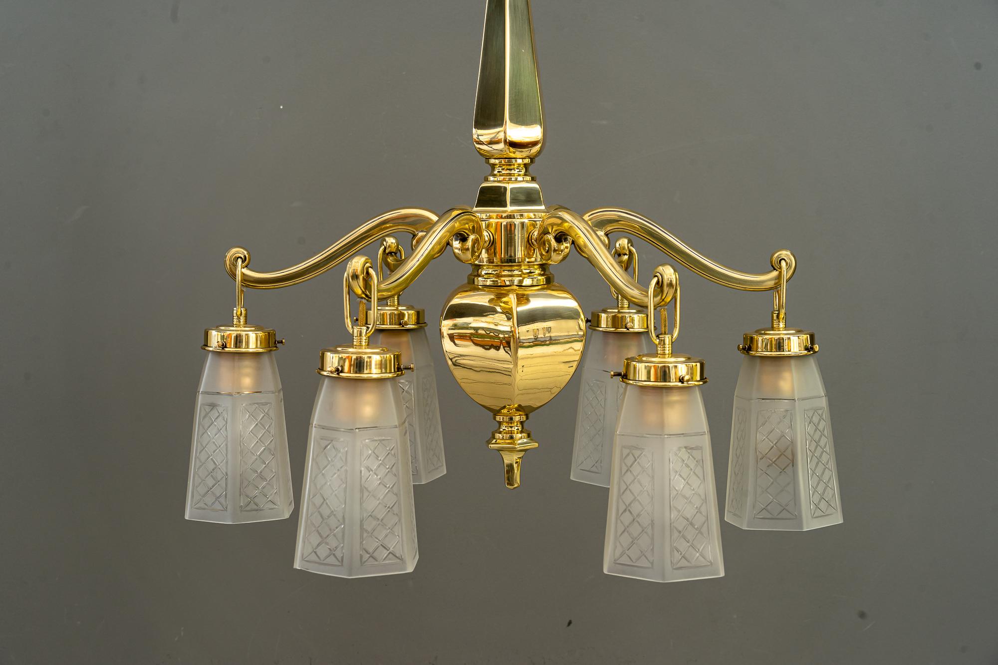 Austrian Art Deco Chandelier with Original Glass Shades Vienna around 1920s For Sale