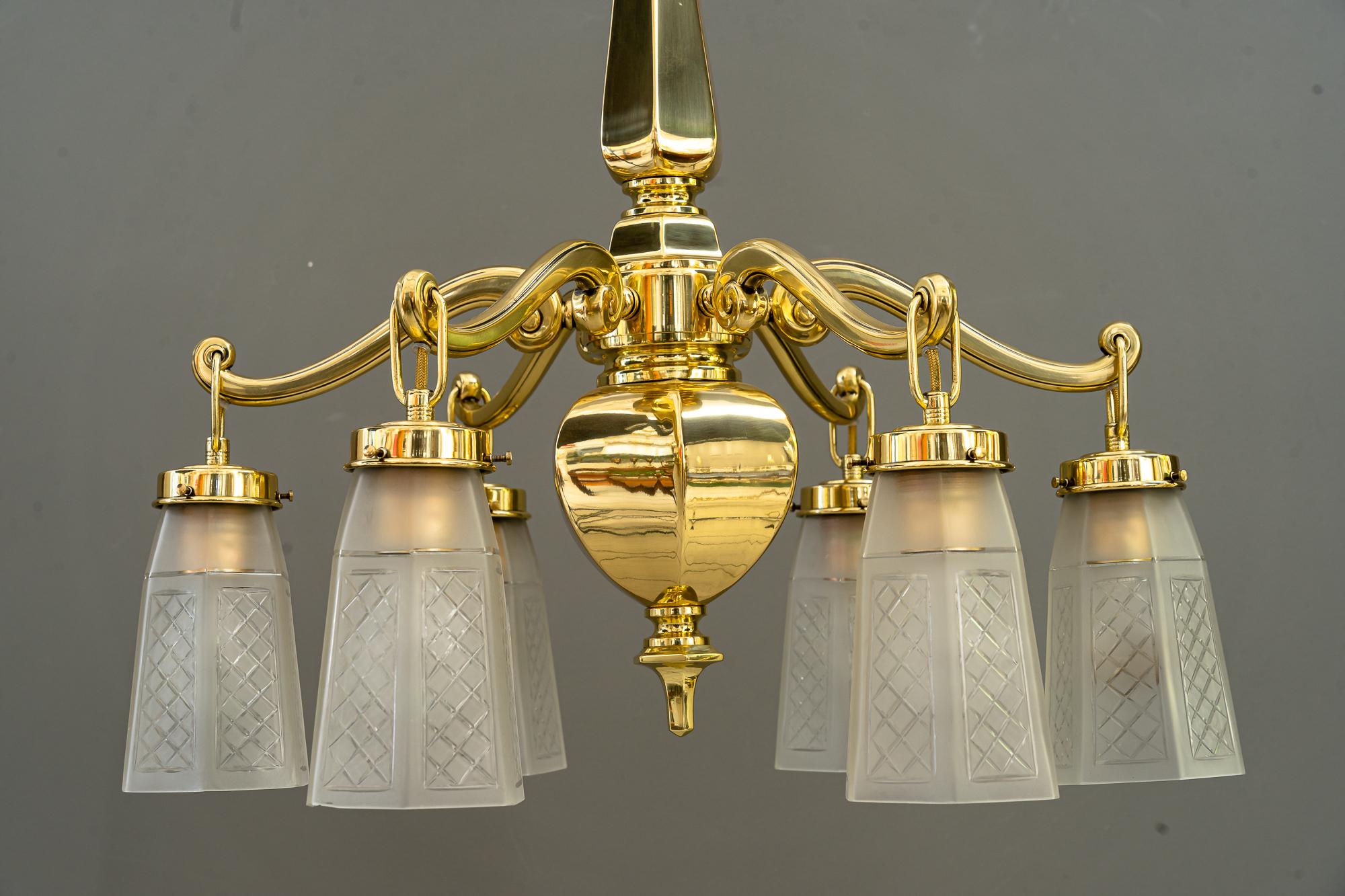 Early 20th Century Art Deco Chandelier with Original Glass Shades Vienna around 1920s For Sale