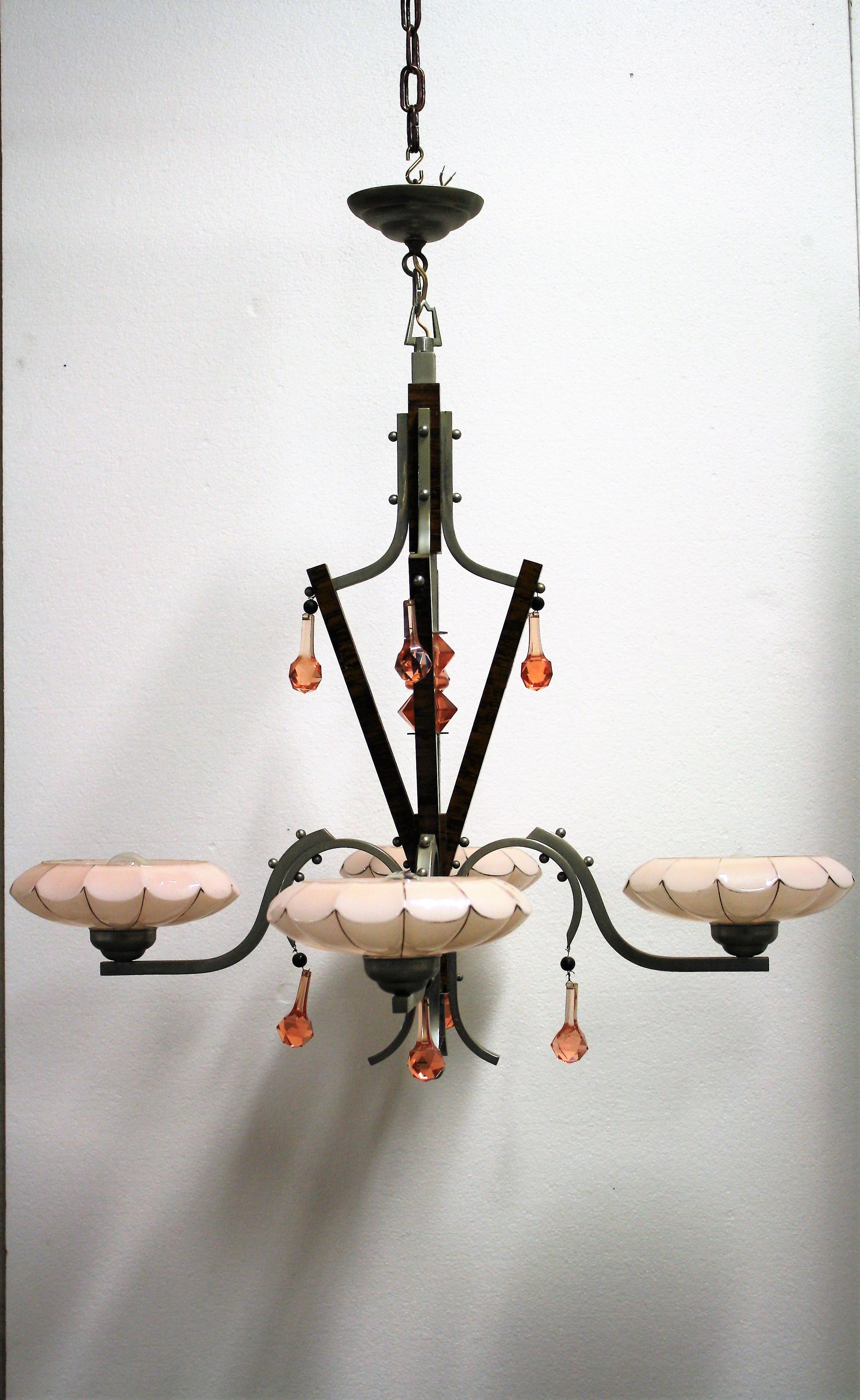 Art Deco Chandelier with Pink Opaline Glass Shades 1930s 5