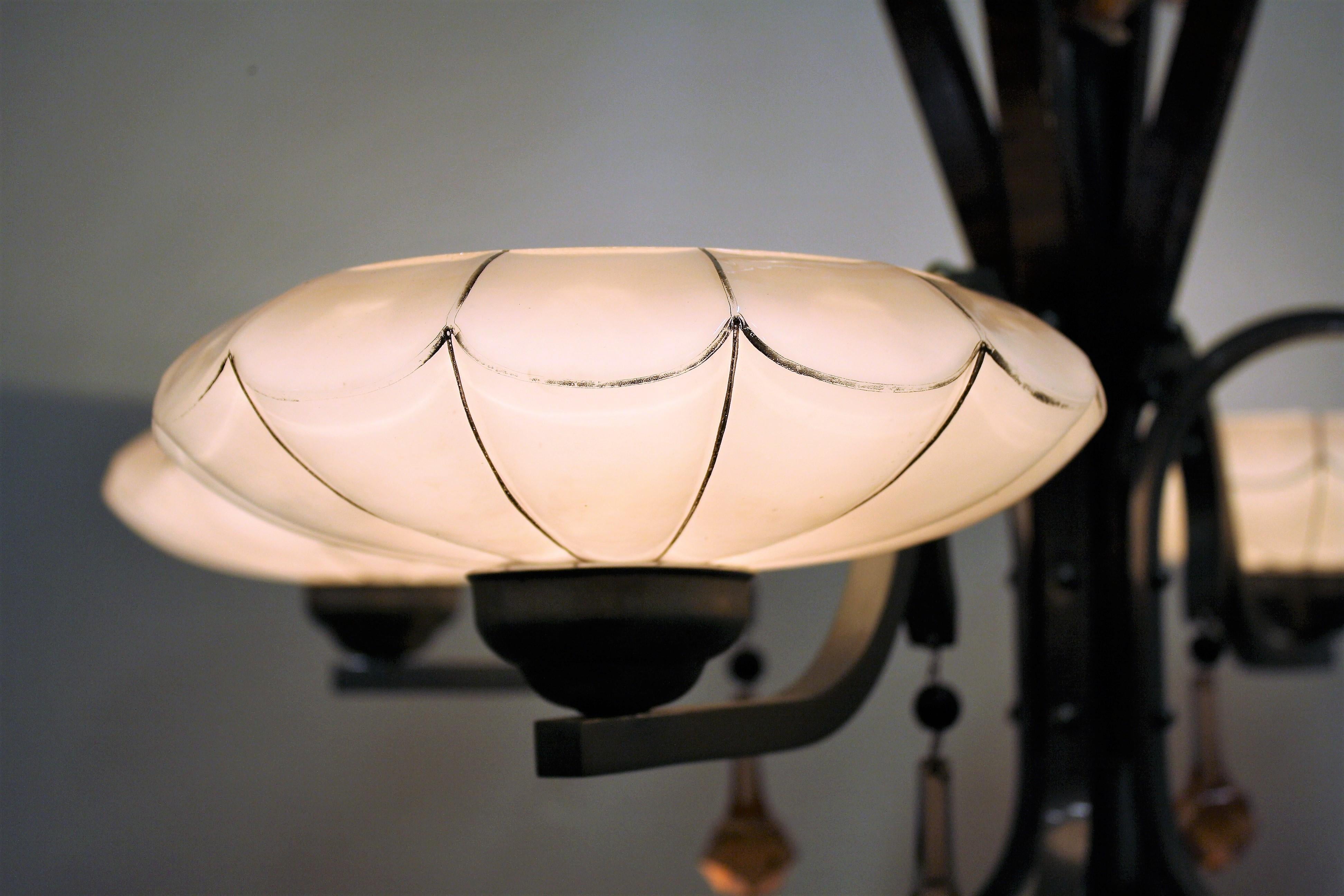 French Art Deco Chandelier with Pink Opaline Glass Shades 1930s