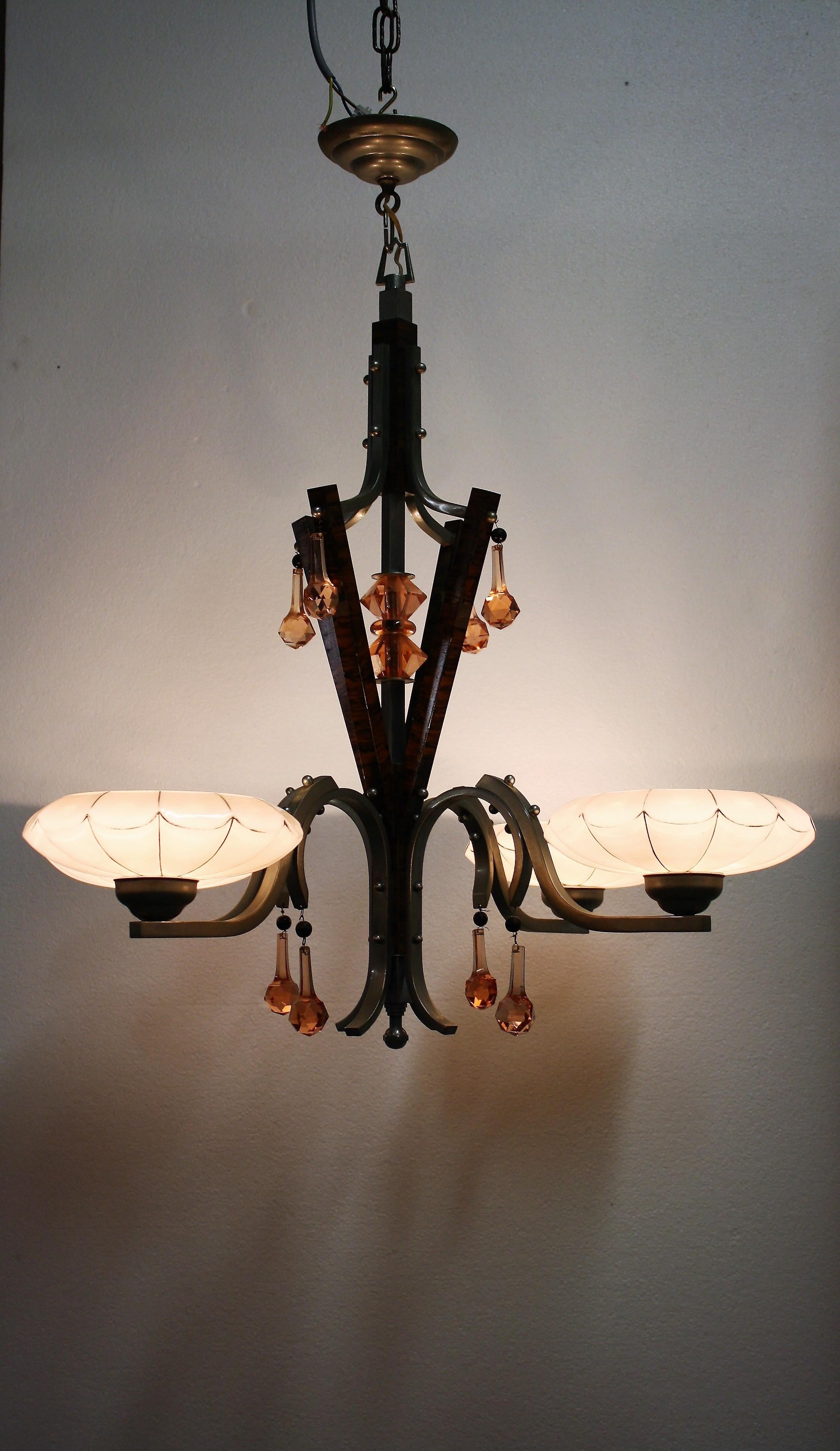 Art Deco Chandelier with Pink Opaline Glass Shades 1930s In Excellent Condition In HEVERLEE, BE