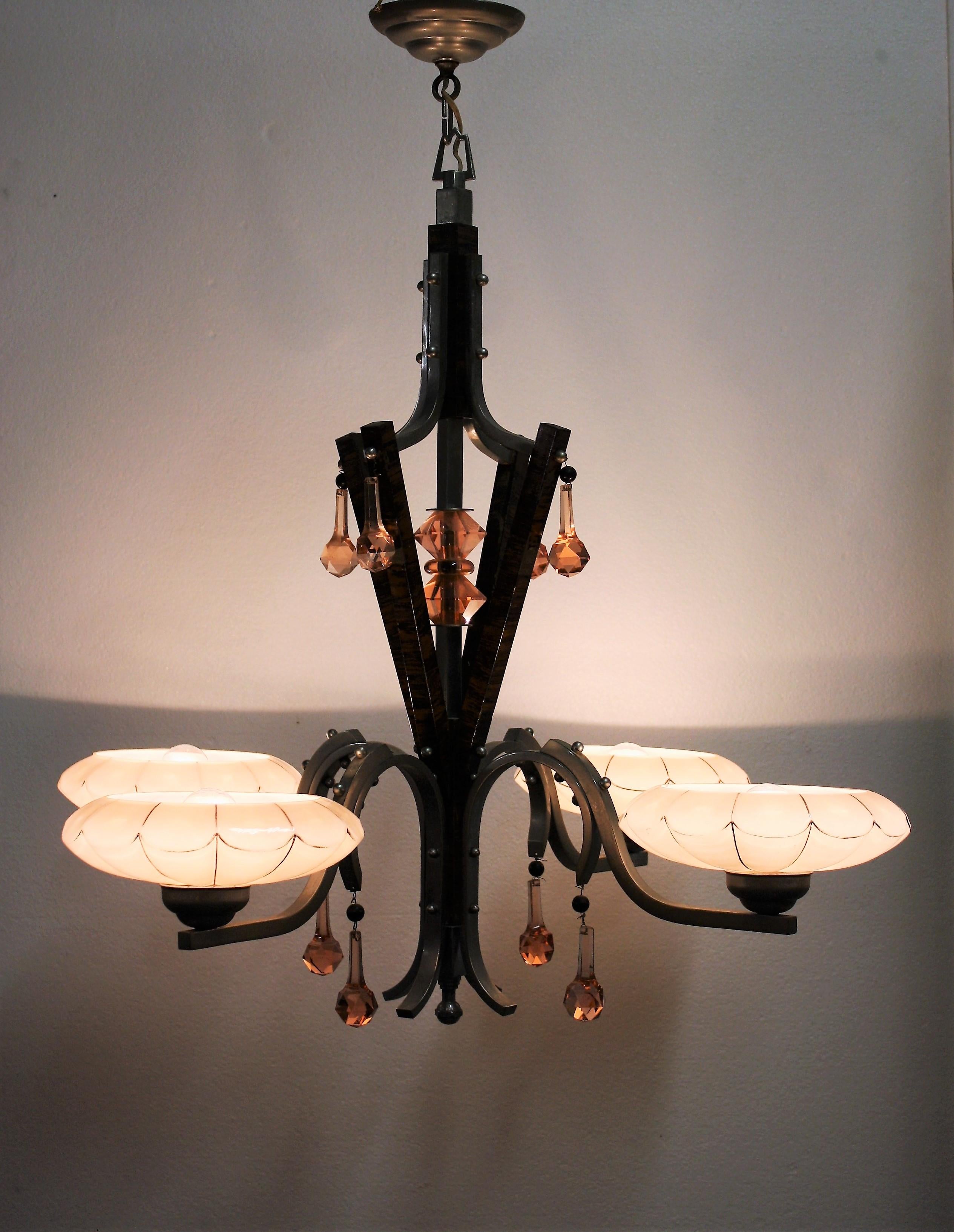 Mid-20th Century Art Deco Chandelier with Pink Opaline Glass Shades 1930s