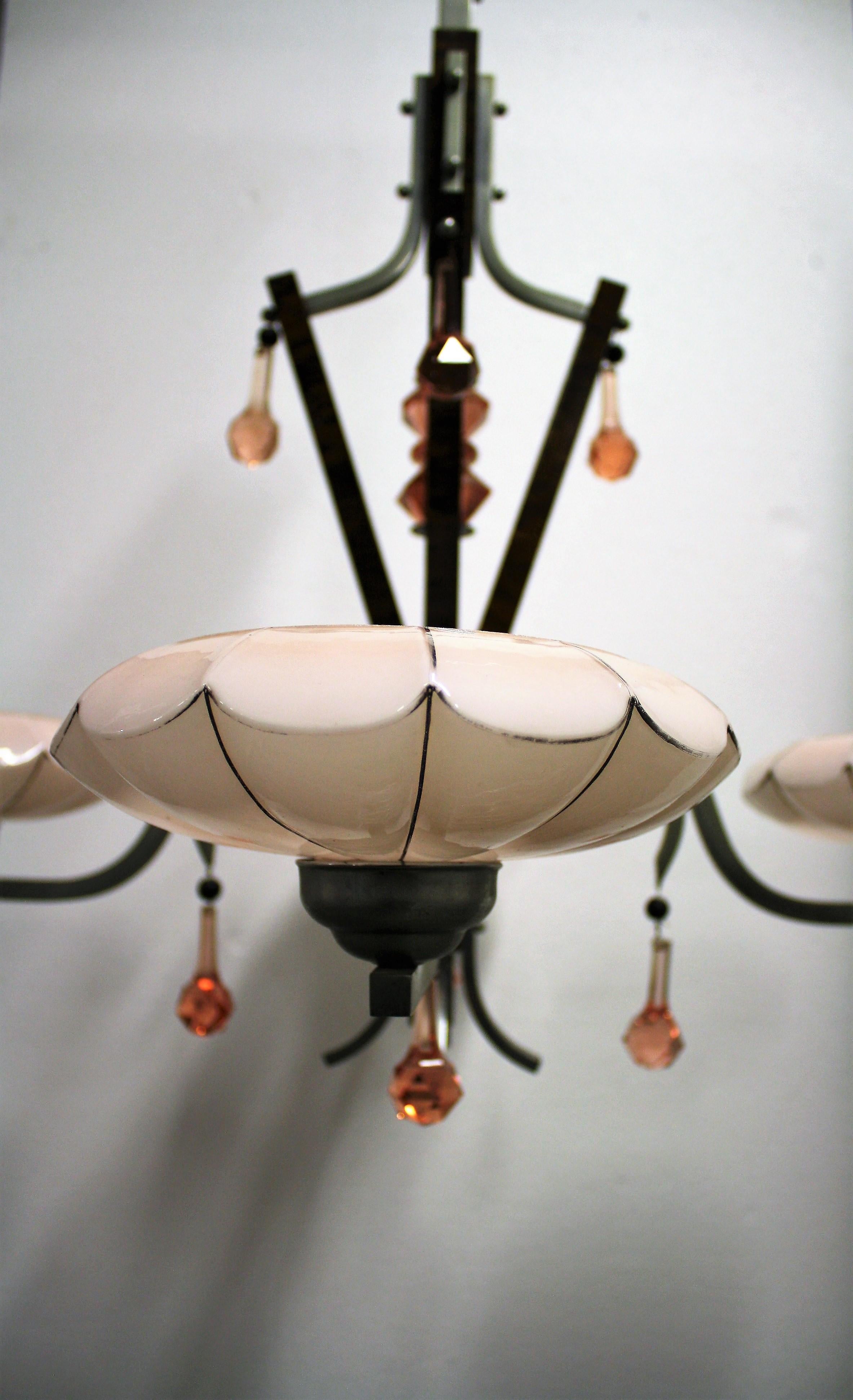Art Deco Chandelier with Pink Opaline Glass Shades 1930s 3