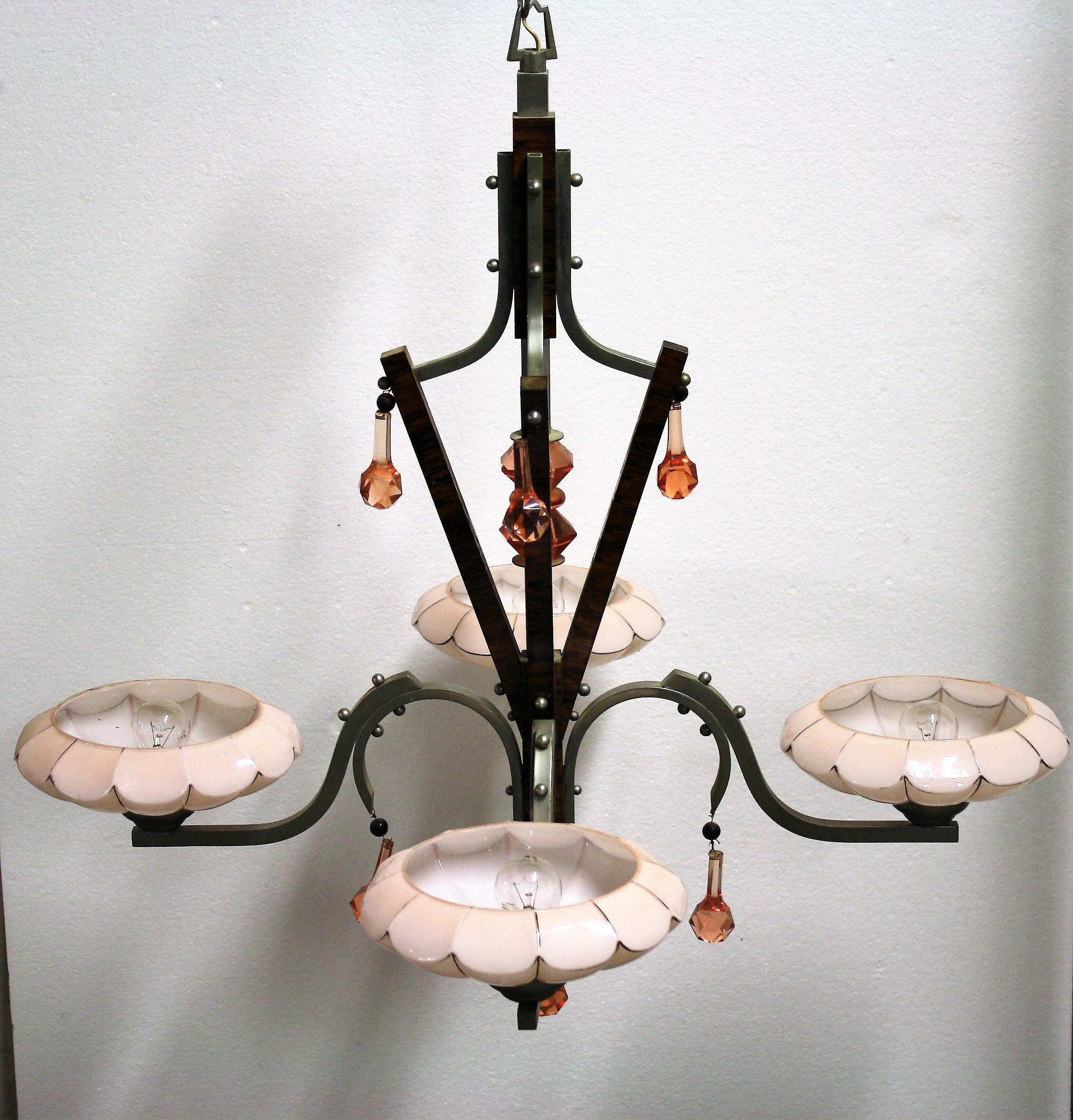 Art Deco Chandelier with Pink Opaline Glass Shades 1930s 4