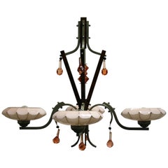 Art Deco Chandelier with Pink Opaline Glass Shades 1930s