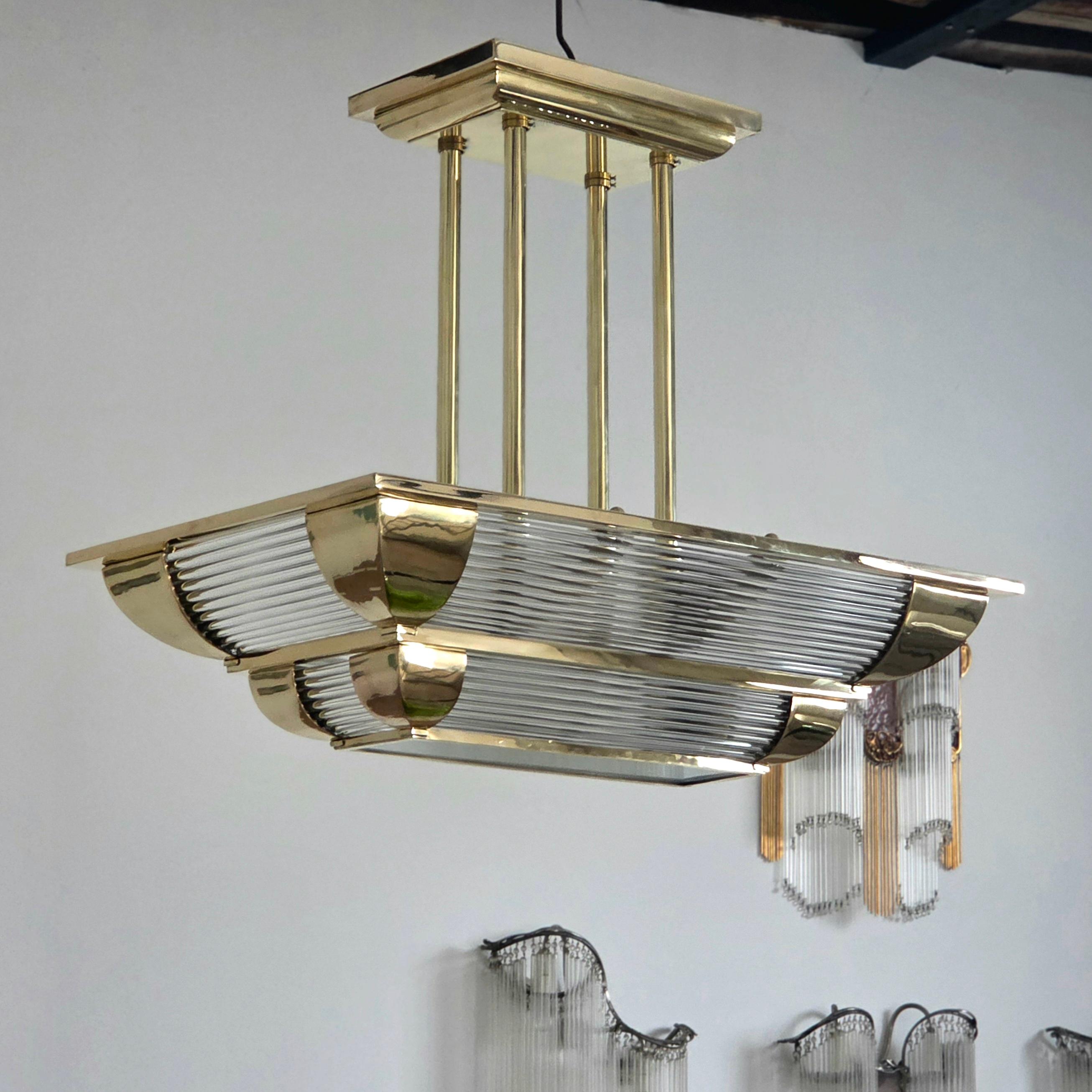 French Art Deco Chandelier with polished bronze finish For Sale
