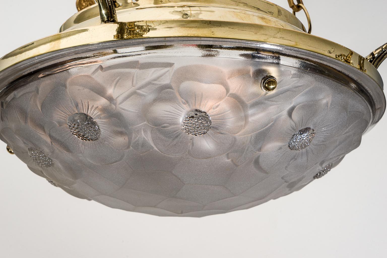 Art Deco Chandlier in Brass and Satin Glass 1