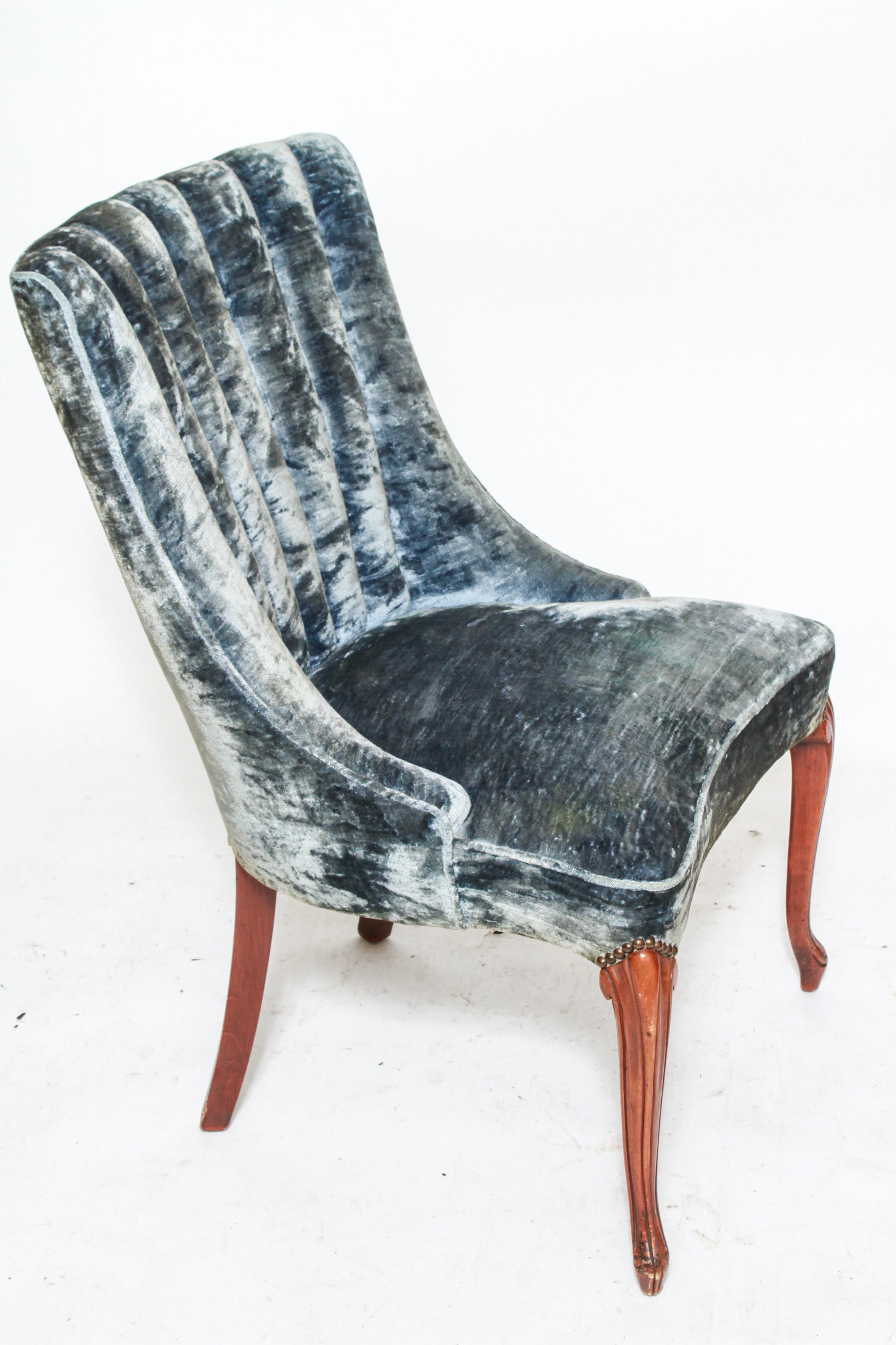 Early 20th Century Art Deco Channel-Back Side Chair in Blue Velvet