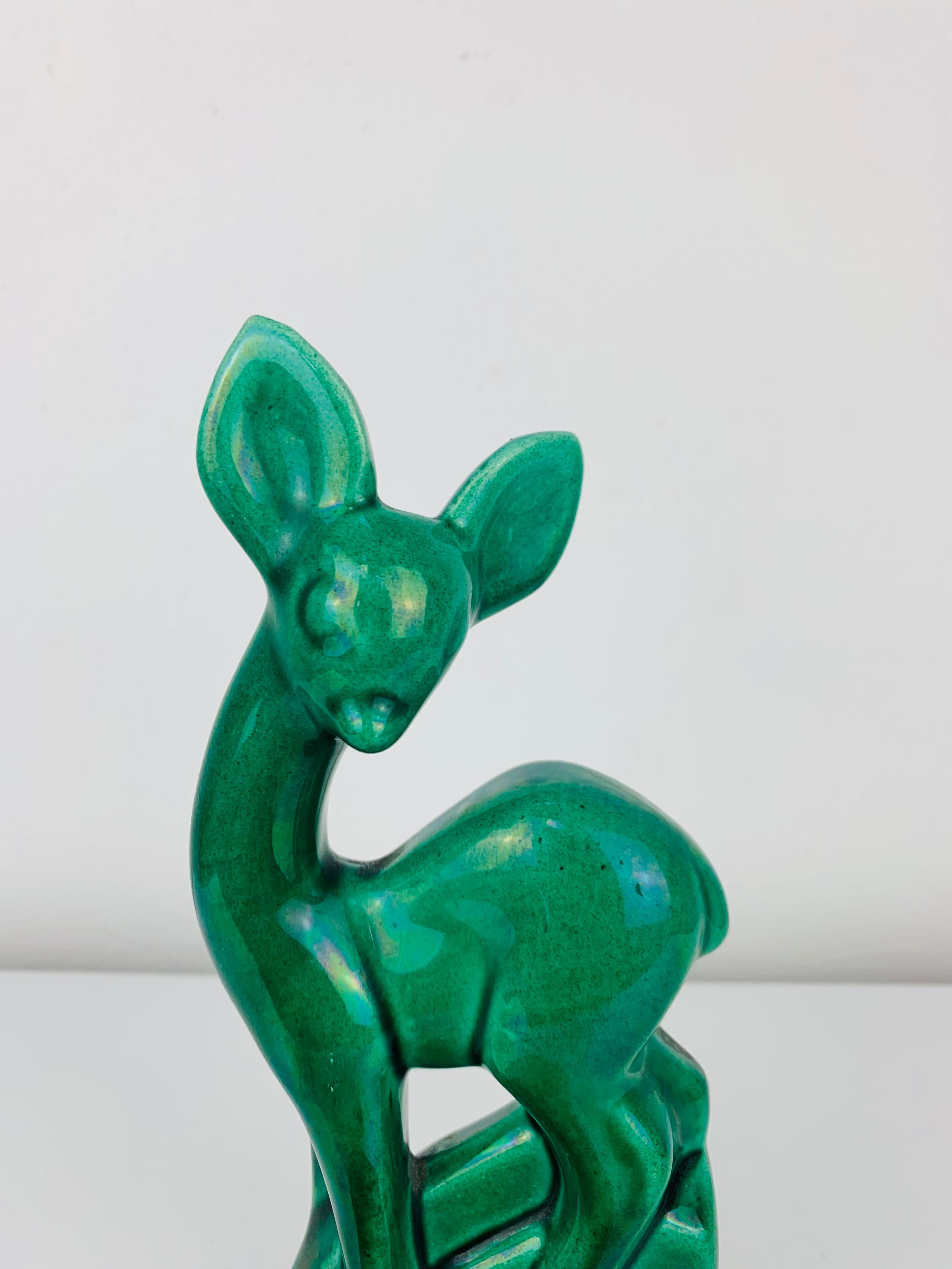 Scultura di cerbiatto in stile Art Déco Charles Lemanceau per Saint Clément, anni '30, smalto verde in vendita 4