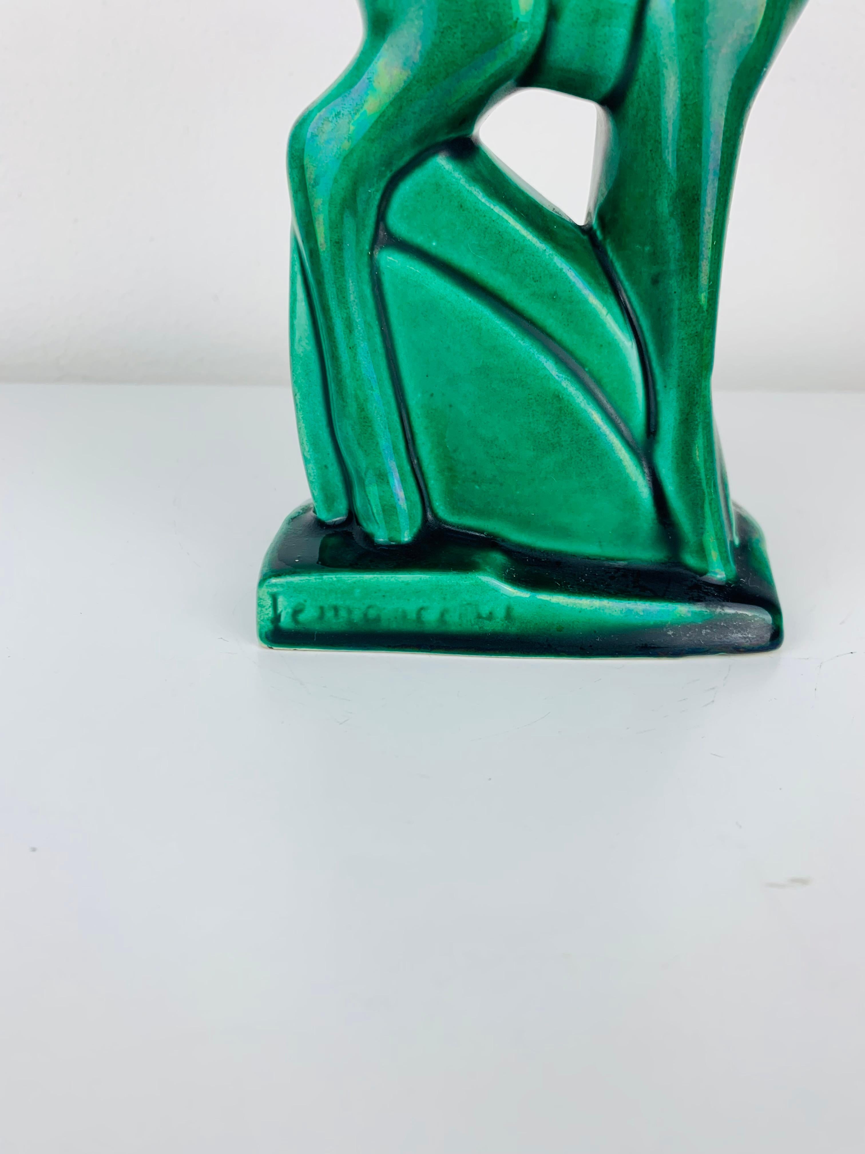 Scultura di cerbiatto in stile Art Déco Charles Lemanceau per Saint Clément, anni '30, smalto verde in vendita 1