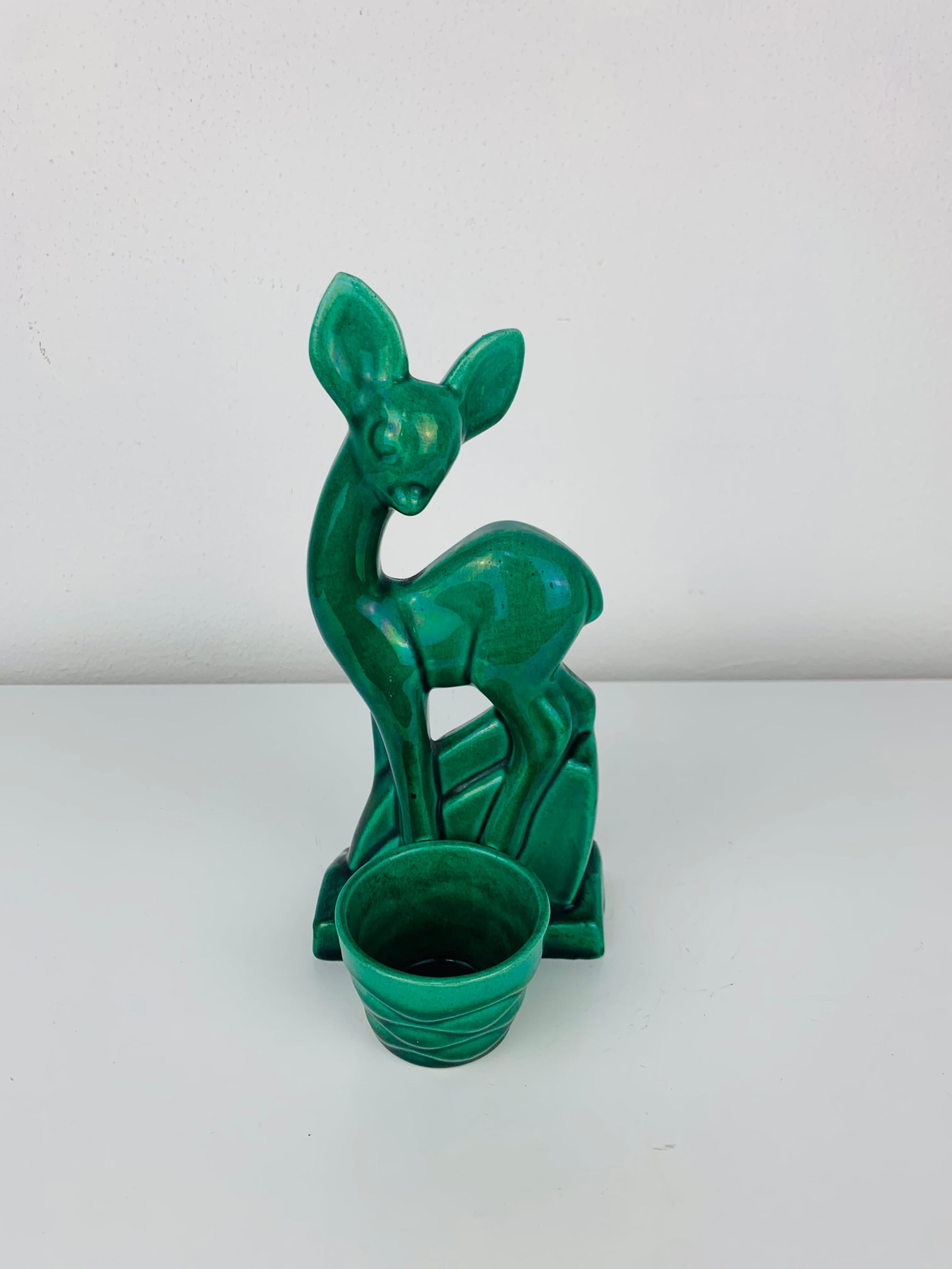 Scultura di cerbiatto in stile Art Déco Charles Lemanceau per Saint Clément, anni '30, smalto verde in vendita 3