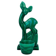 Art Deco Charles Lemanceau for Saint-Clément fawn sculpture, 1930's, green glaze