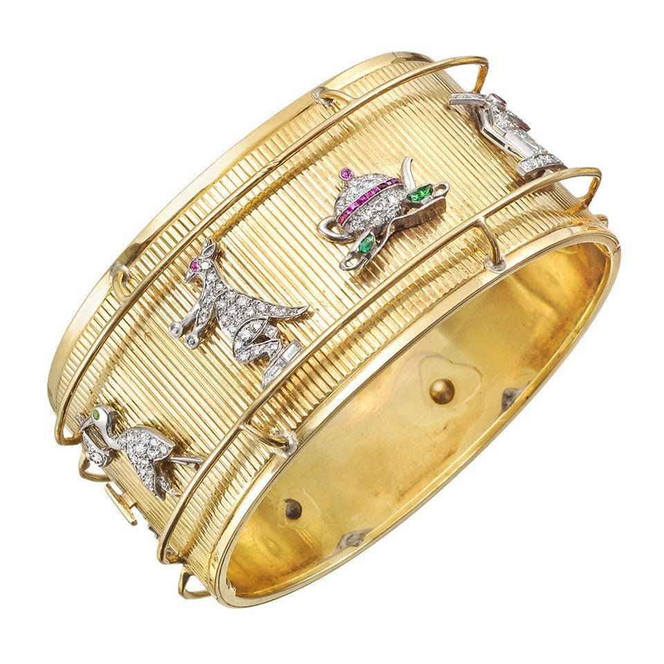Art Deco Charm Cuff Bracelet In Excellent Condition For Sale In Greenwich, CT