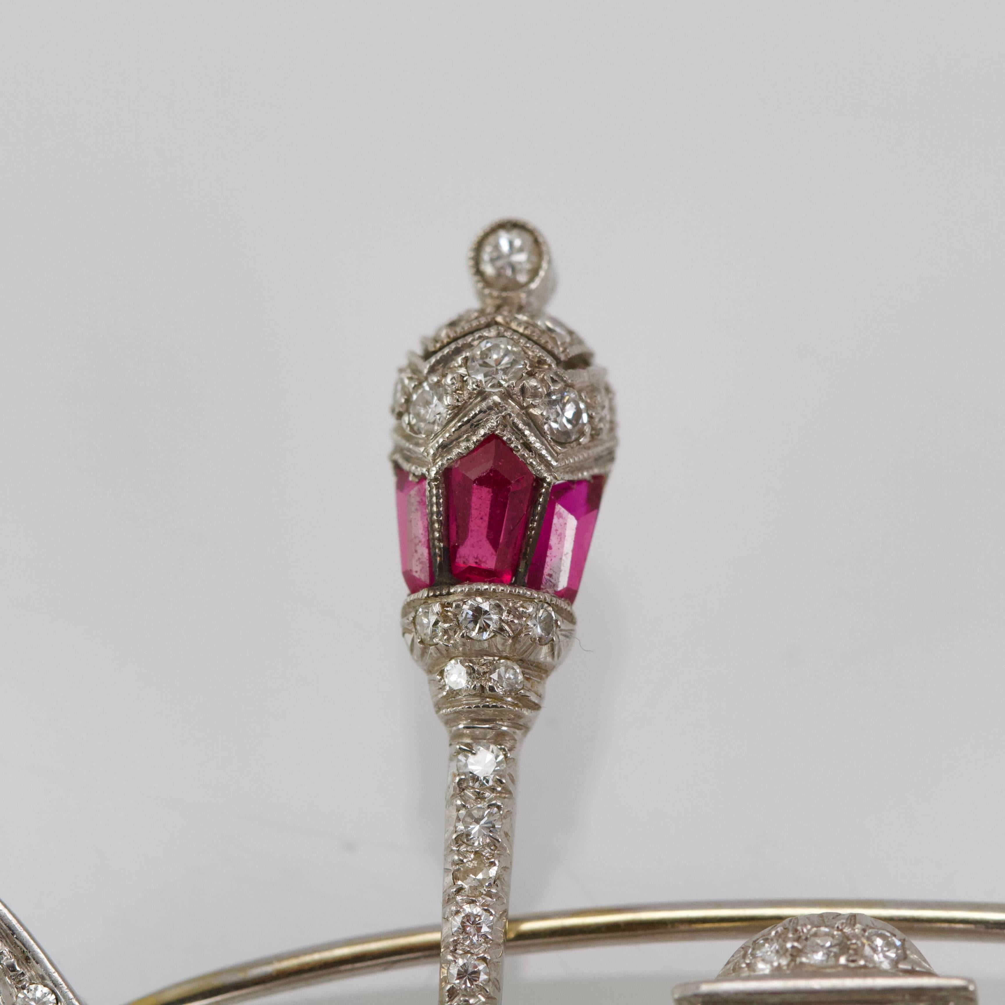 Women's or Men's Art Deco Charming Lovely Gondole Platinum Gold Diamonds and Ruby For Sale