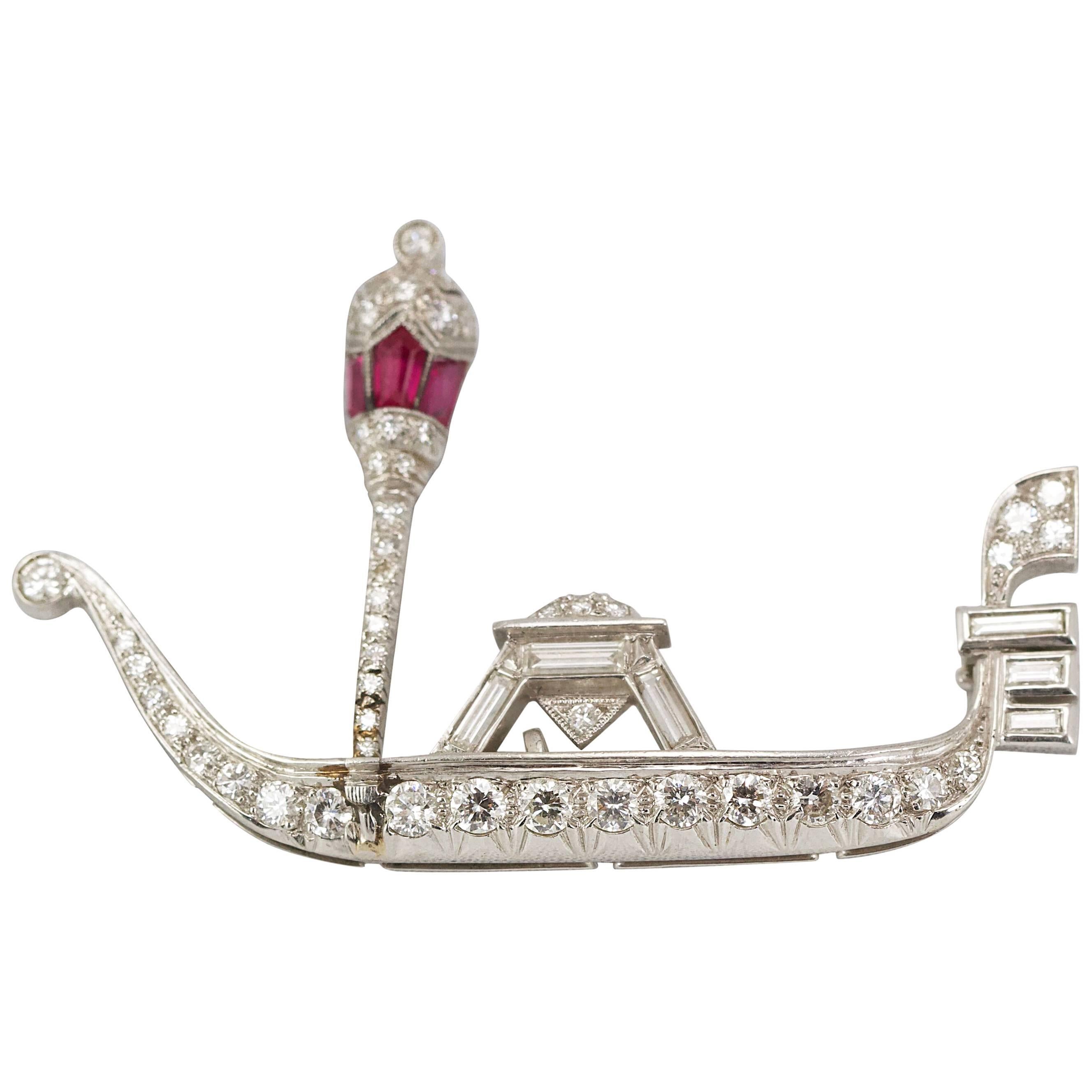 Art Deco Charming Lovely Gondole Platinum Gold Diamonds and Ruby For Sale