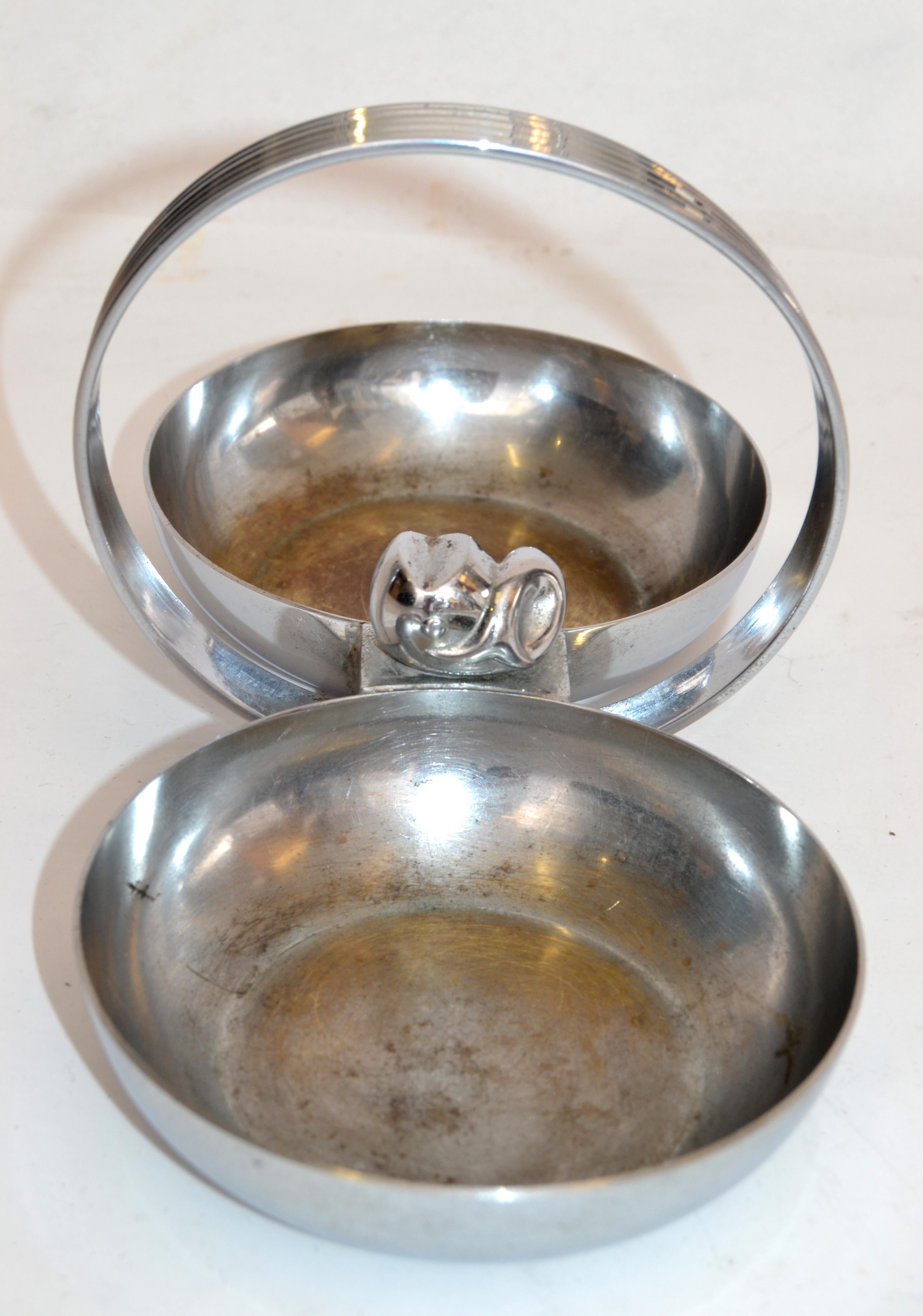 Hand-Crafted Art Deco Chase USA Chrome on Brass Twin Candy & Nut Dish designed Gerth & Gerth For Sale