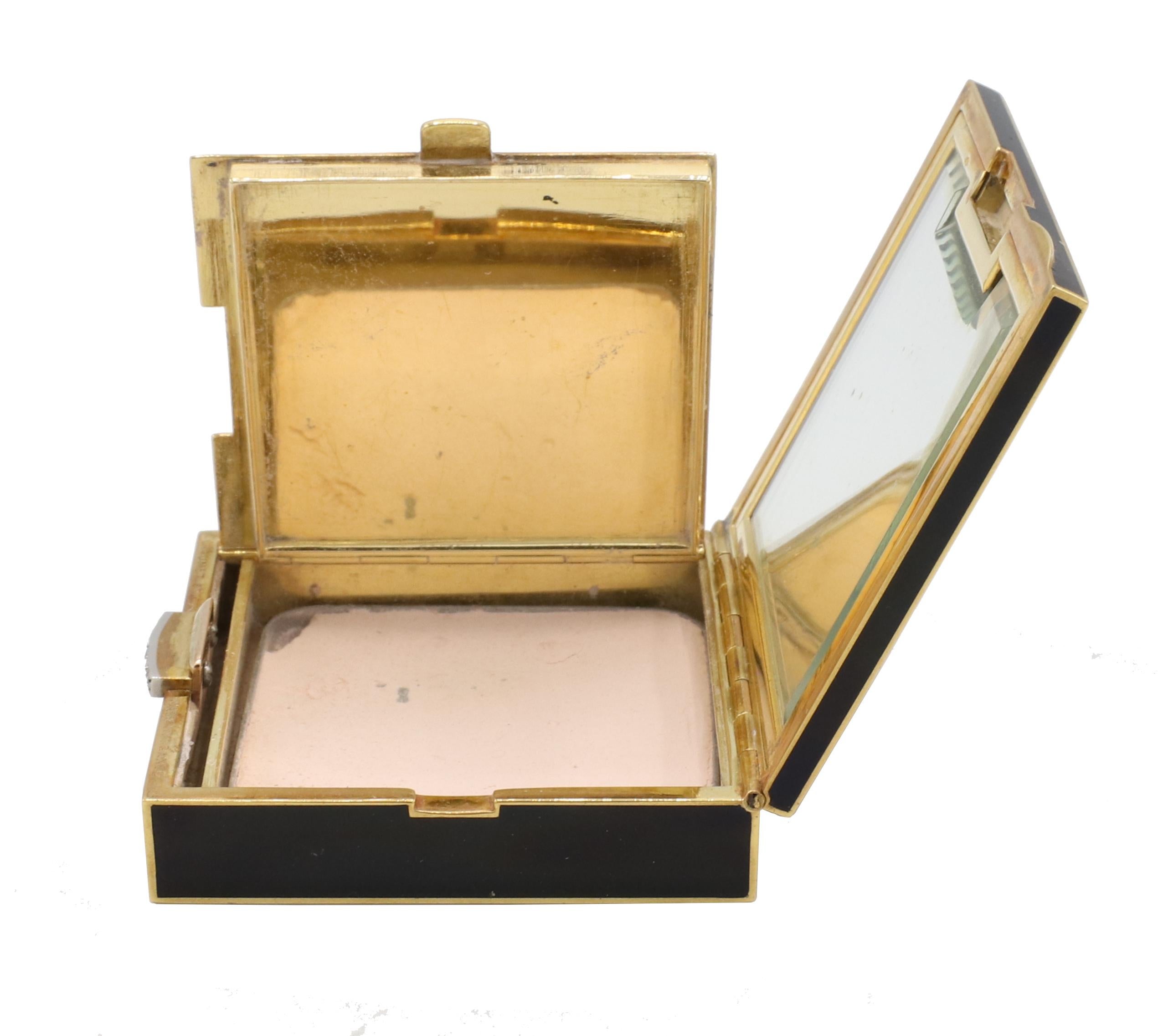 Art Deco Chaumet 18 Karat Yellow Gold & Enamel Mirrored Powder Compact With Case
Metal: 18k yellow gold 
Weight: 96.4 grams
Diamonds: .08 mine cut J SI diamonds
Dimensions: 45 x 45 x 12mm
Signed: CHAUMET MADE IN FRANCE (french hallmarks) 
Enamel: