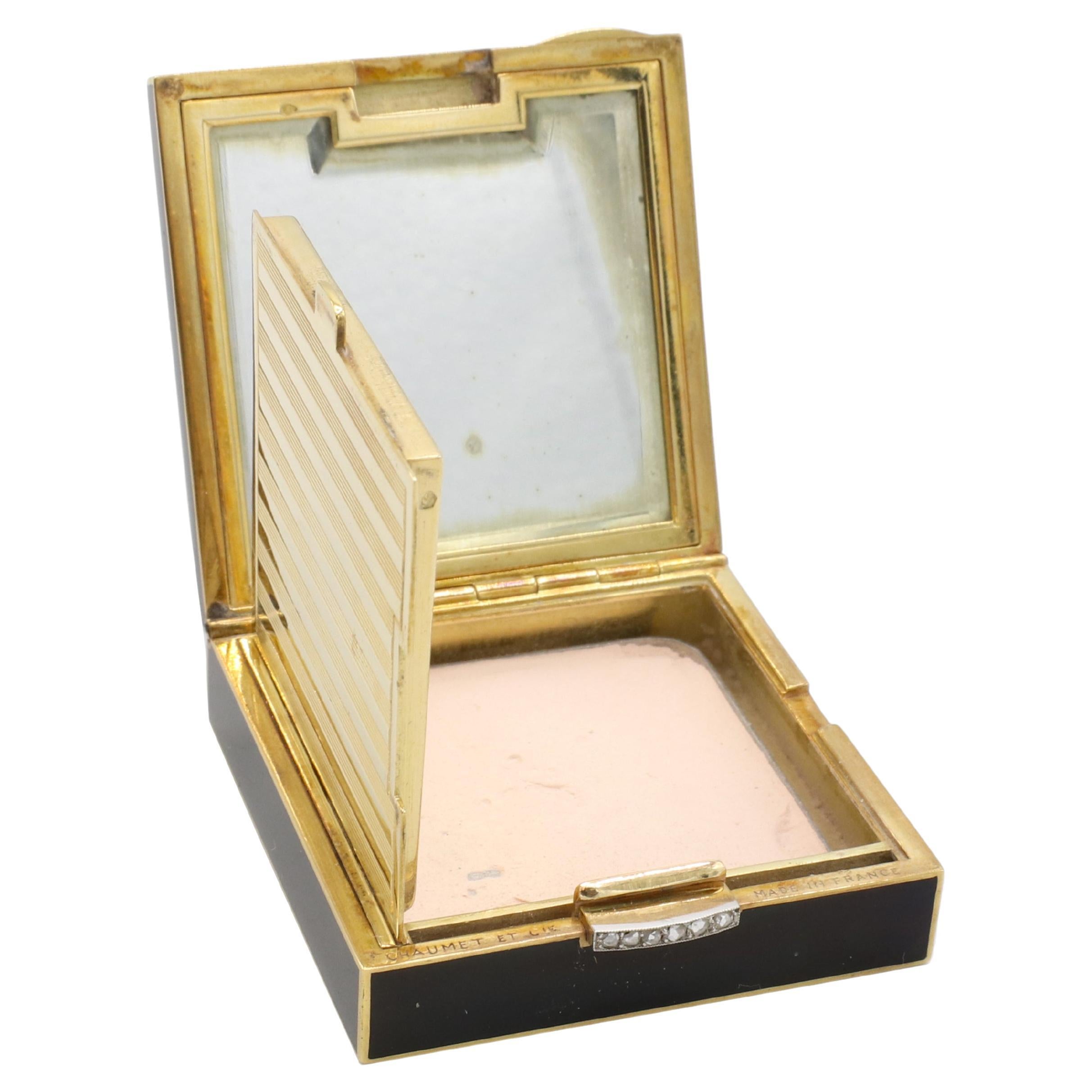 Art Deco Chaumet 18 Karat Yellow Gold & Enamel Mirrored Powder Compact with Case