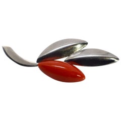 Retro Art Deco Cherry Red Bakelite and Chrome Brooch, circa 1930