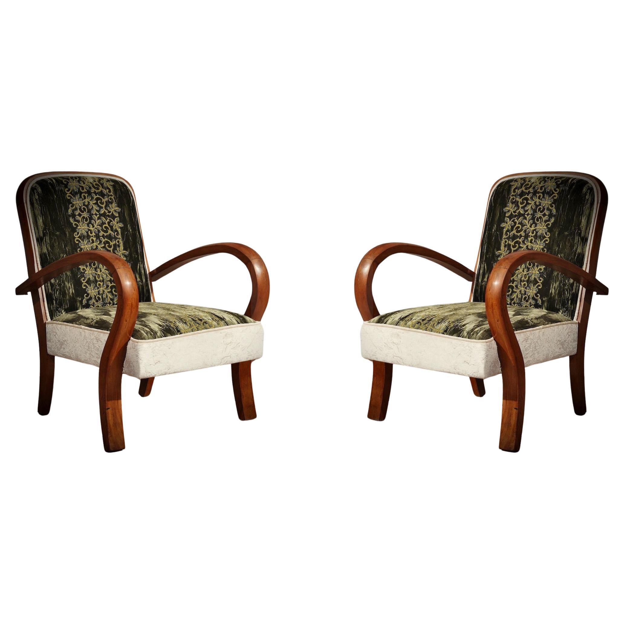 Art Deco Cherrywood Green and White Velvet Italian Club Chair / Armchairs, 1940