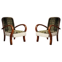 Vintage Art Deco Cherrywood Green and White Velvet Italian Club Chair / Armchairs, 1940